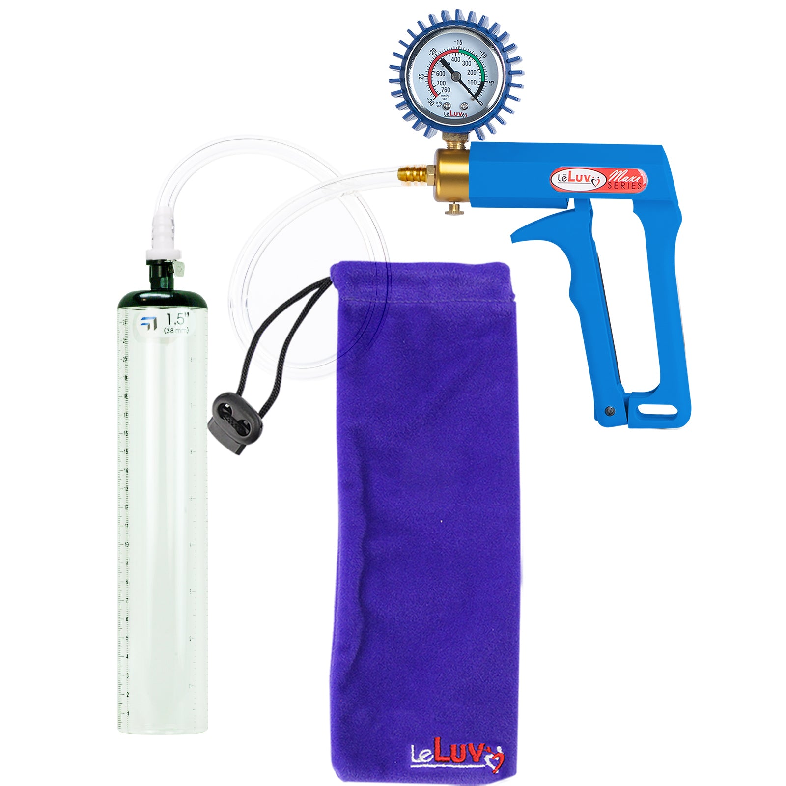 Maxi Blue Handle Clear Hose | Penis Pump + Protected Gauge | 9" x 1.5" Thick-Walled Cylinder