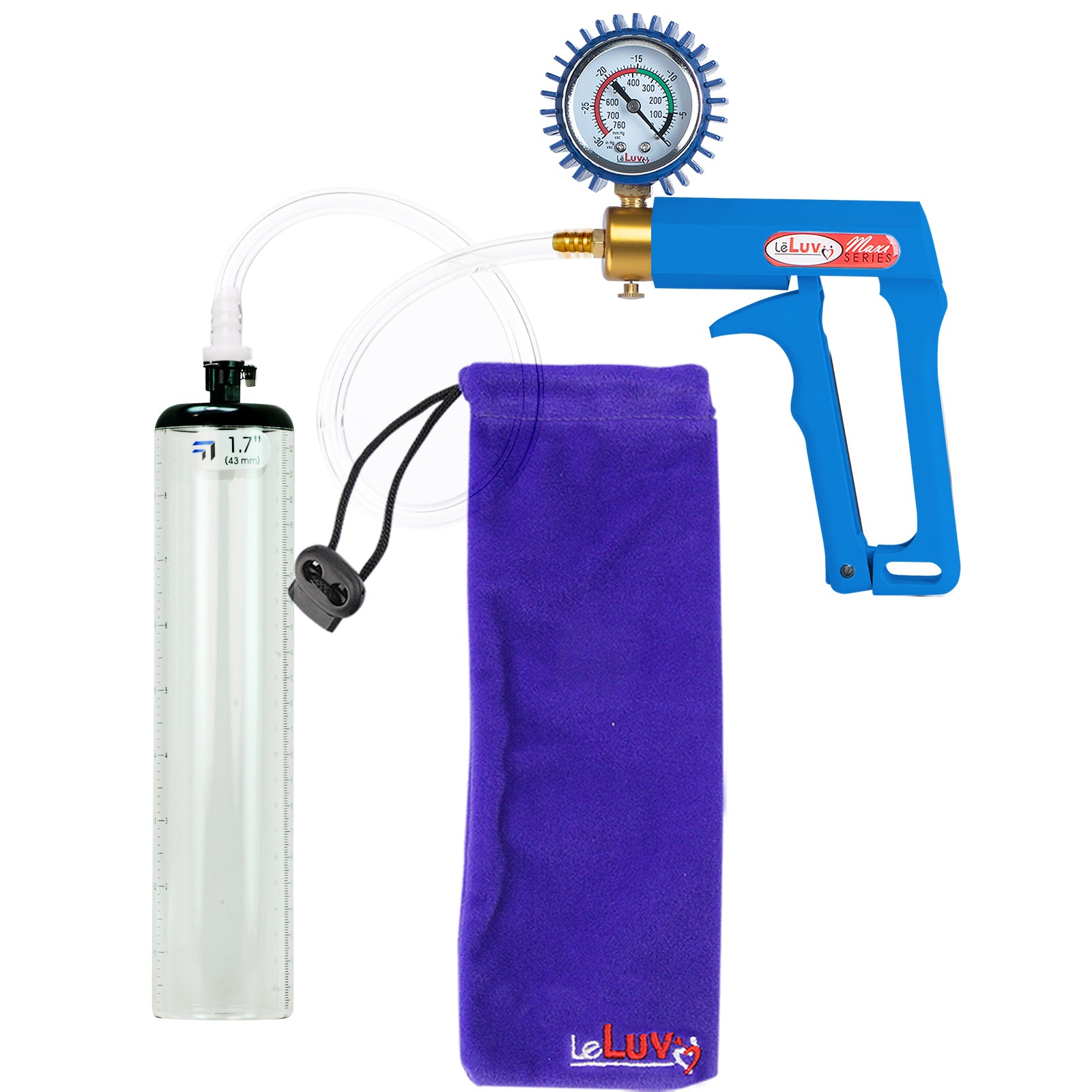 Maxi Blue Handle Clear Hose | Penis Pump + Protected Gauge | 9" x 1.7" Thick-Walled Cylinder