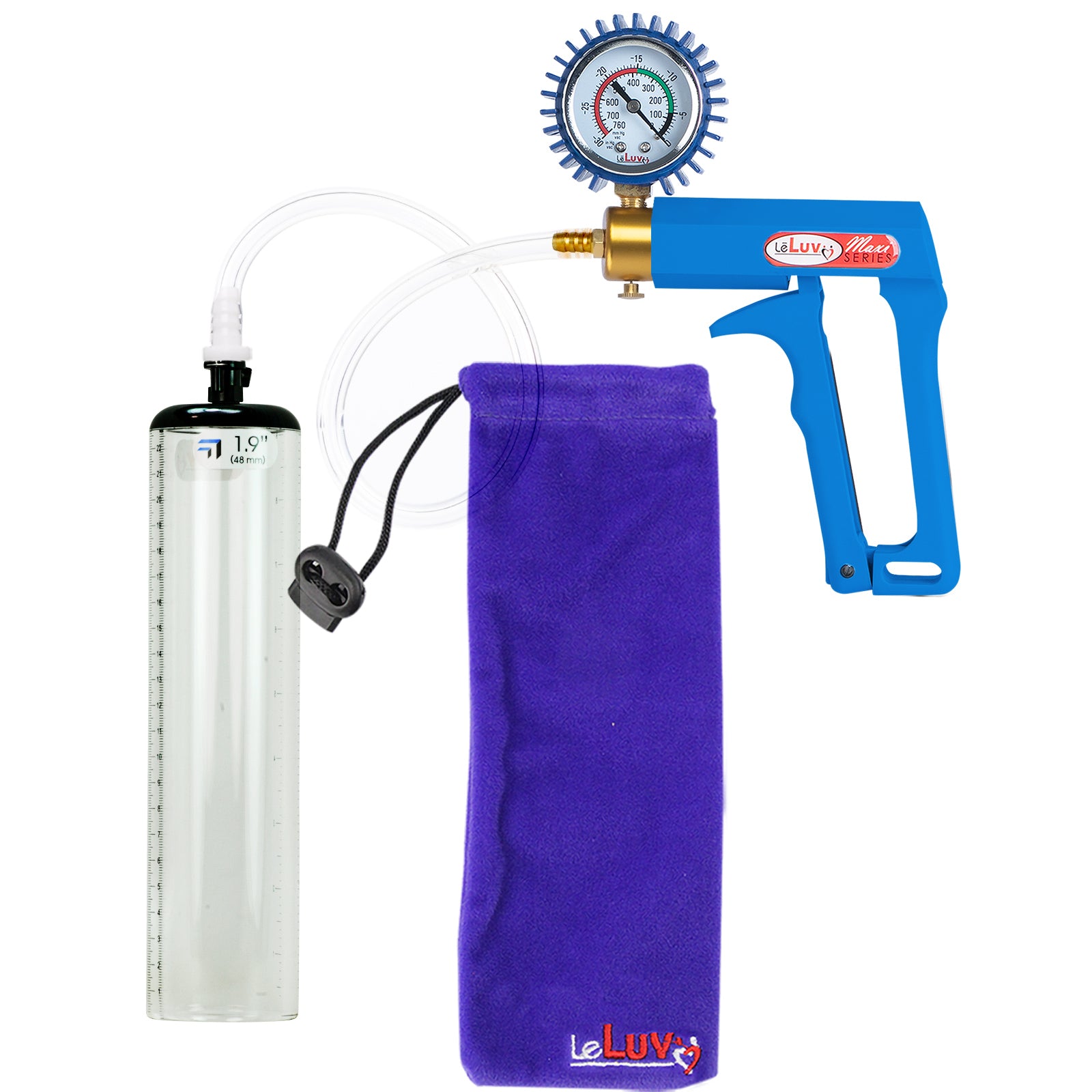Maxi Blue Handle Clear Hose | Penis Pump + Protected Gauge | 9" x 1.9" Thick-Walled Cylinder