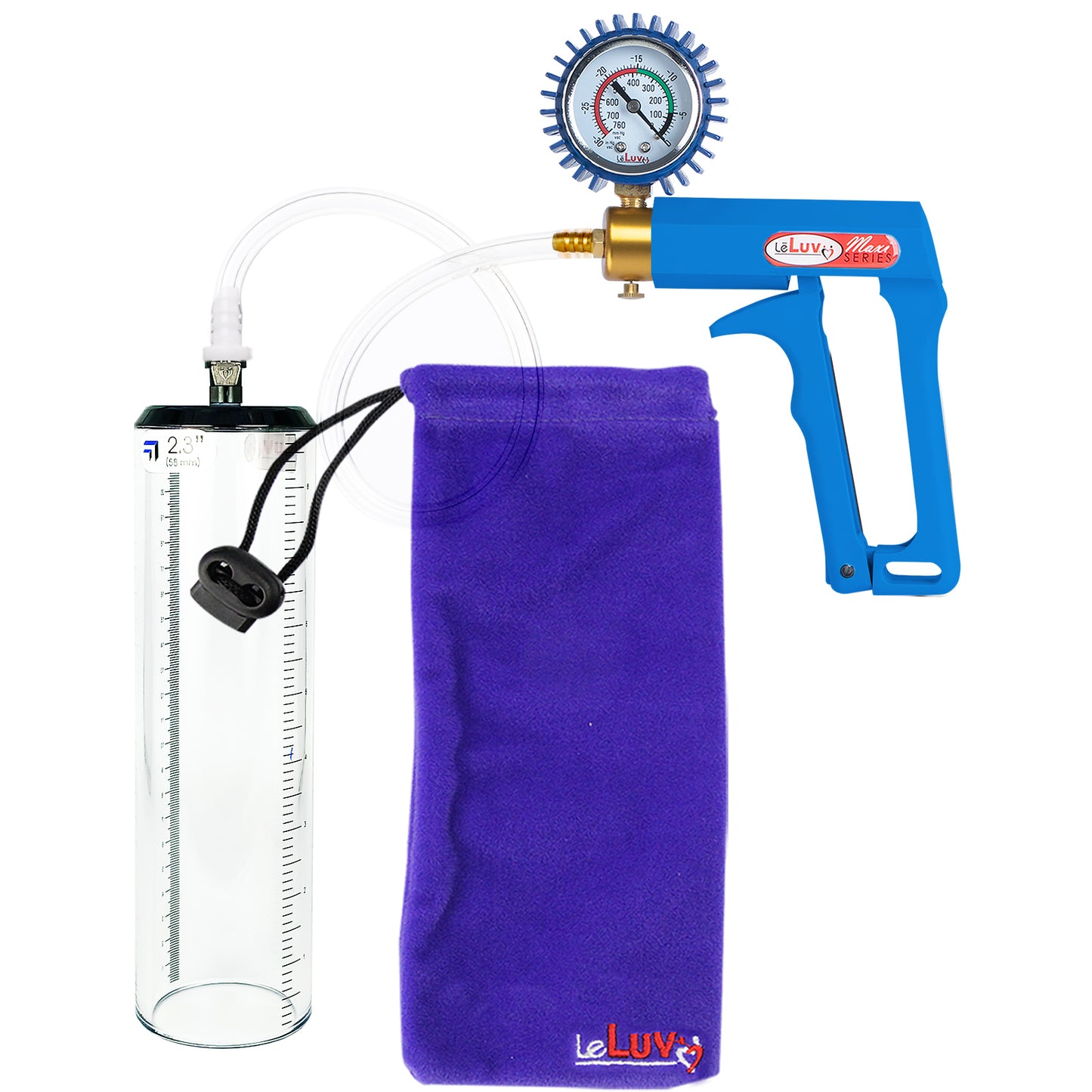 Maxi Blue Handle Clear Hose | Penis Pump + Protected Gauge | 9" x 2.3" Thick-Walled Cylinder