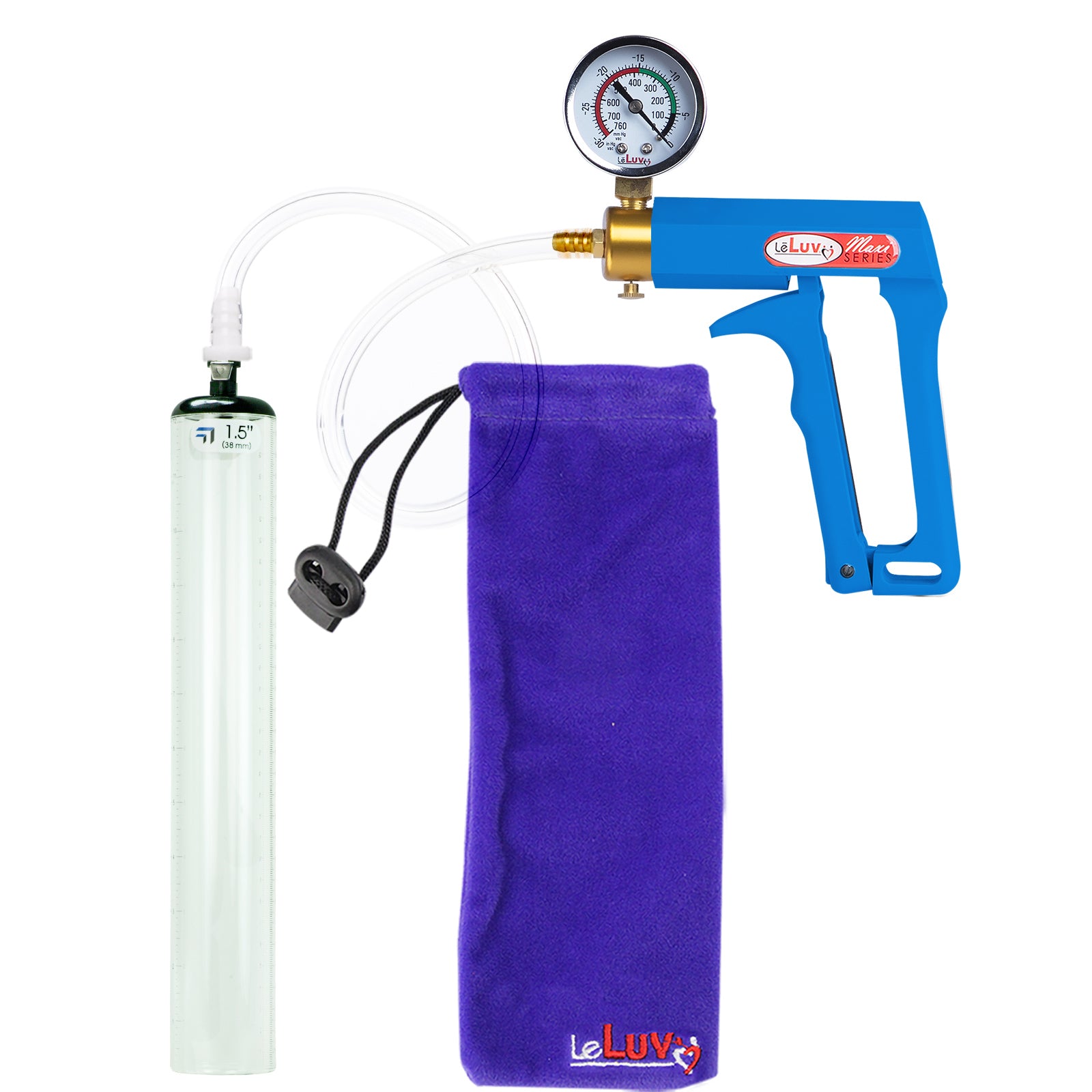 Maxi Blue Handle Clear Hose | Penis Pump + Gauge | 12" x 1.5" Thick-Walled Cylinder