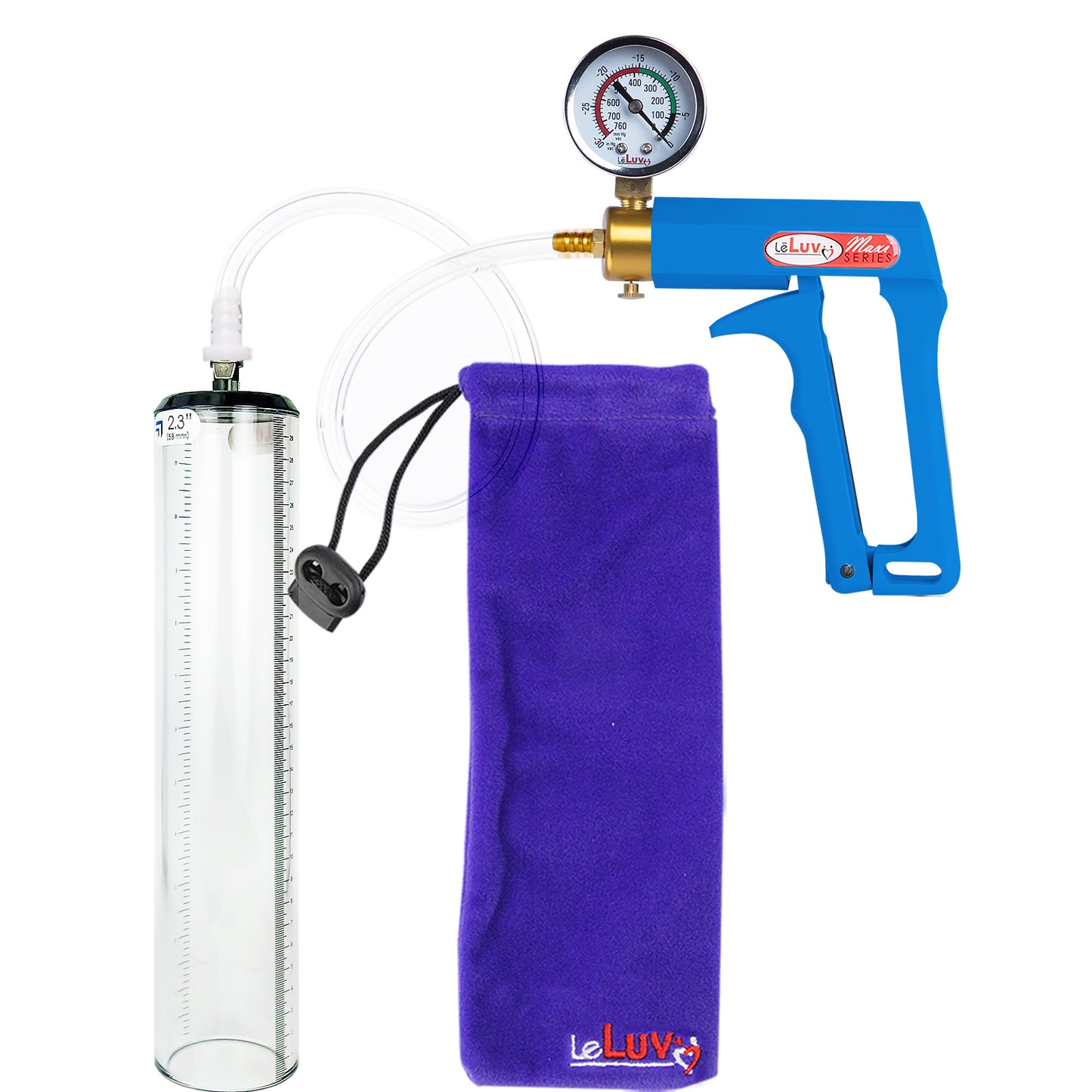 Maxi Blue Handle Clear Hose | Penis Pump + Gauge | 12" x 2.3" Thick-Walled Cylinder