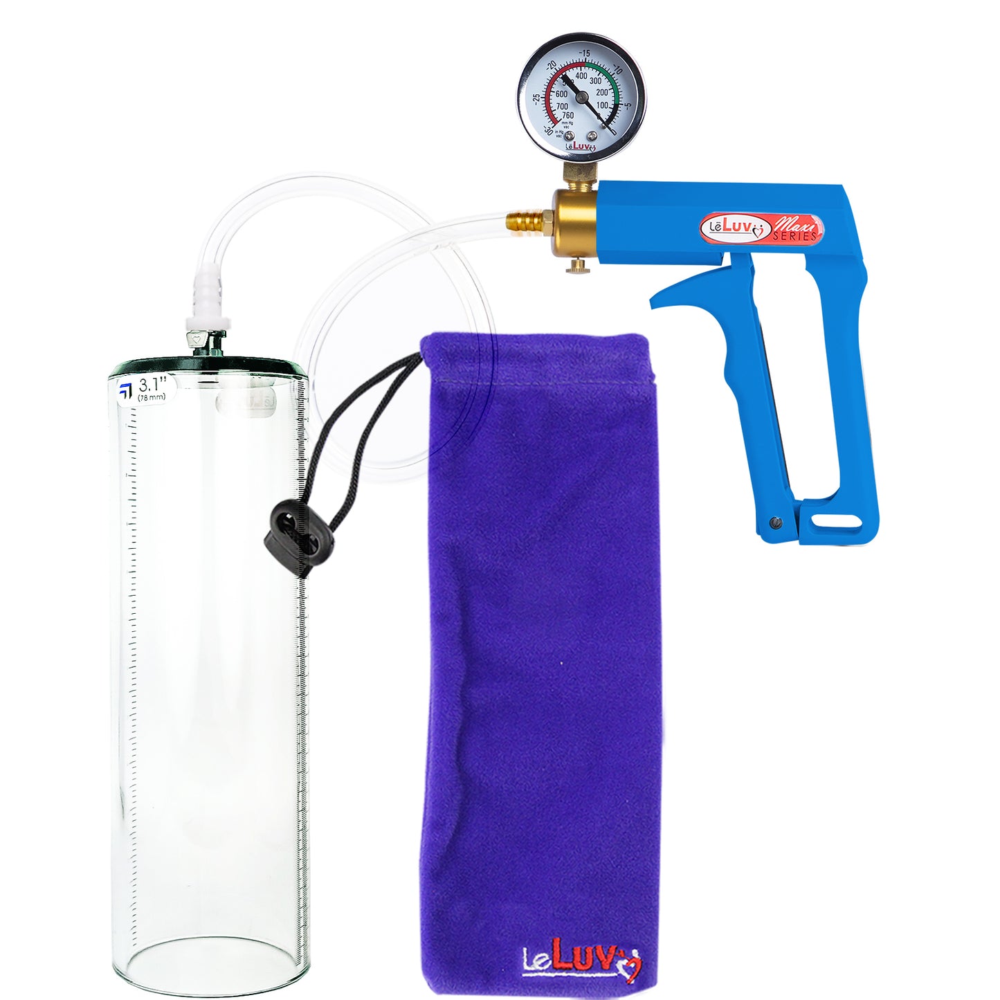 Maxi Blue Handle Clear Hose | Penis Pump + Gauge | 12" x 3.1" Thick-Walled Cylinder