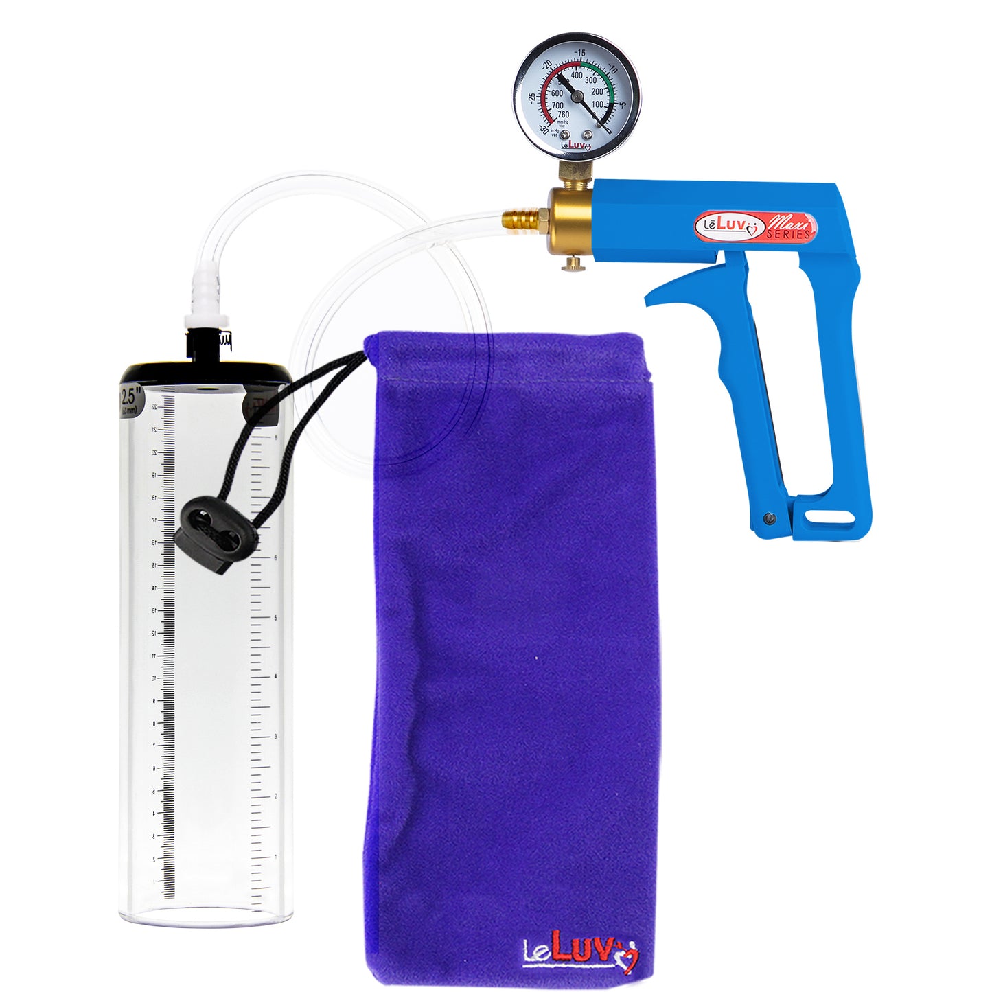 Maxi Blue Handle Clear Hose | Penis Pump + Gauge | 9" x 2.5" Thick-Walled Cylinder