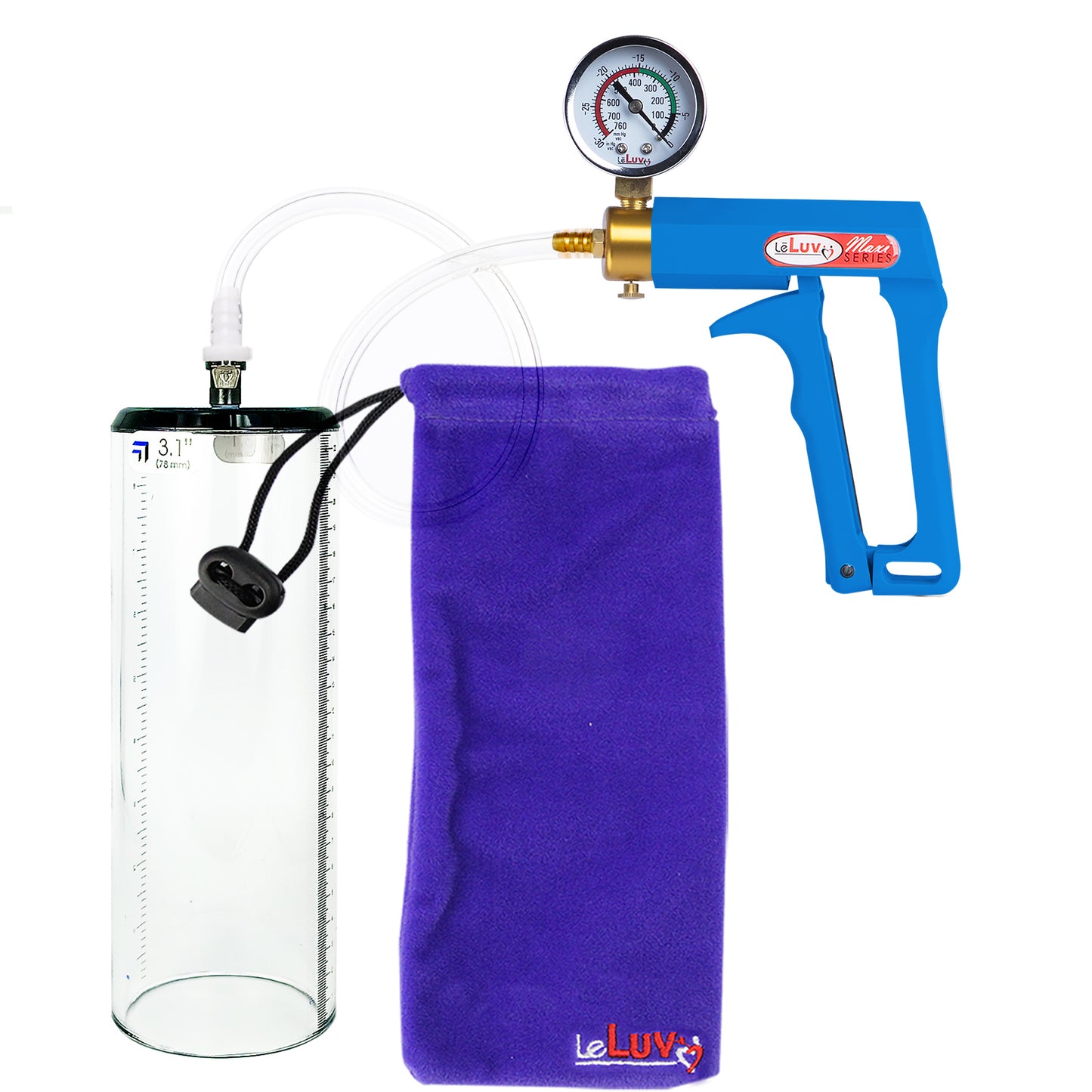 Maxi Blue Handle Clear Hose | Penis Pump + Gauge | 9" x 3.1" Thick-Walled Cylinder
