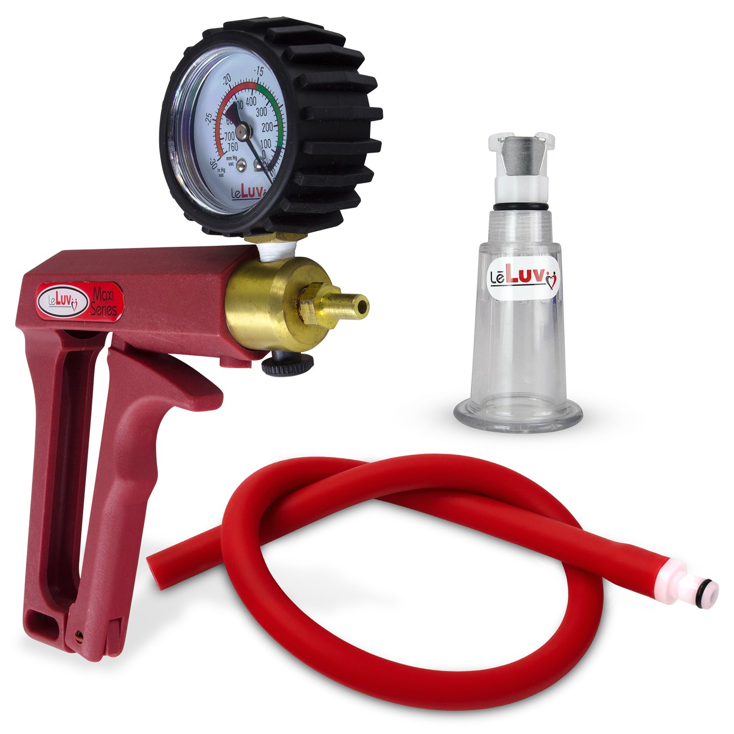 LeLuv MAXI Red Clitoris Vacuum Pump + Gauge & Cover Slippery Red Hose - Large