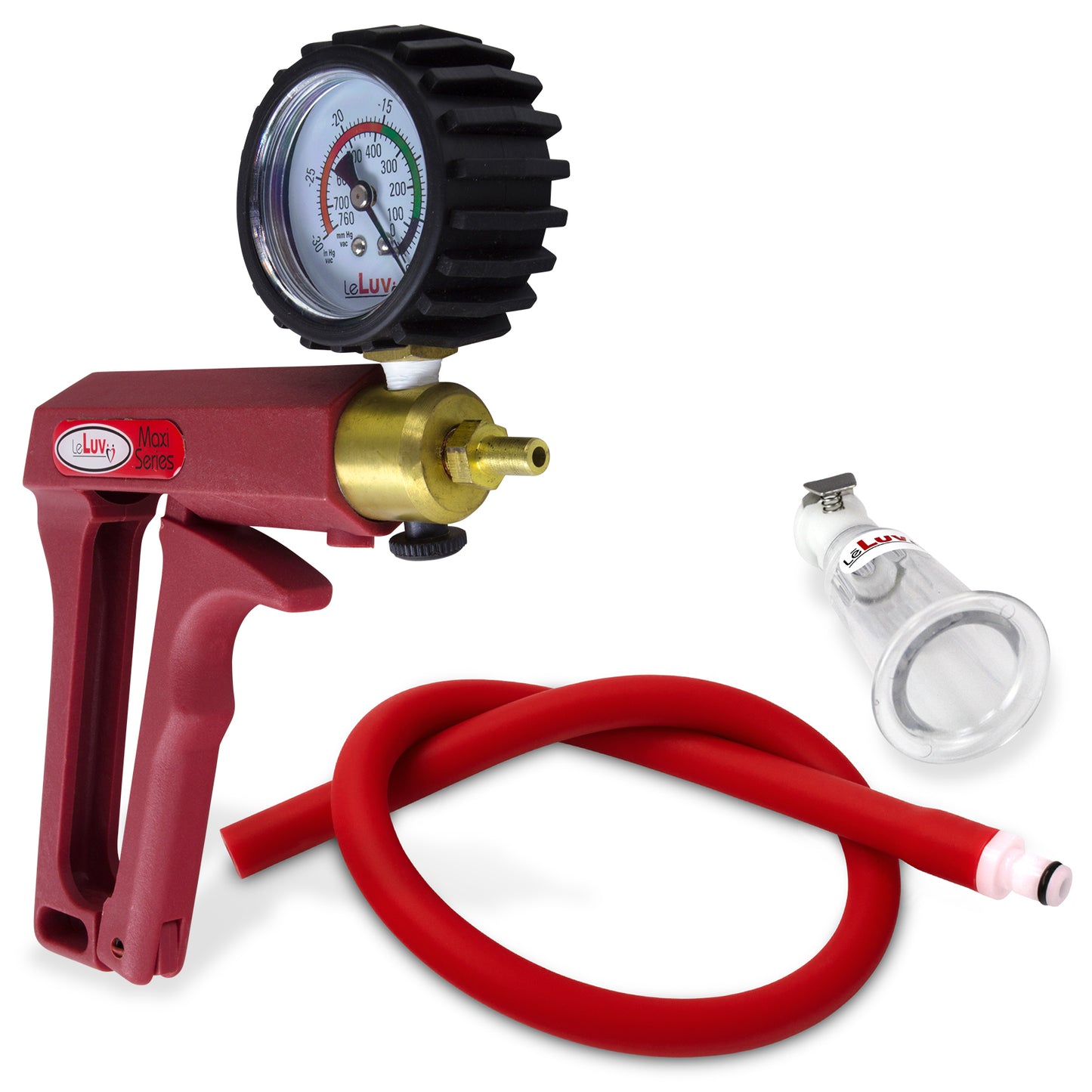 LeLuv MAXI Red Clitoris Vacuum Pump + Gauge & Cover Slippery Red Hose - Medium