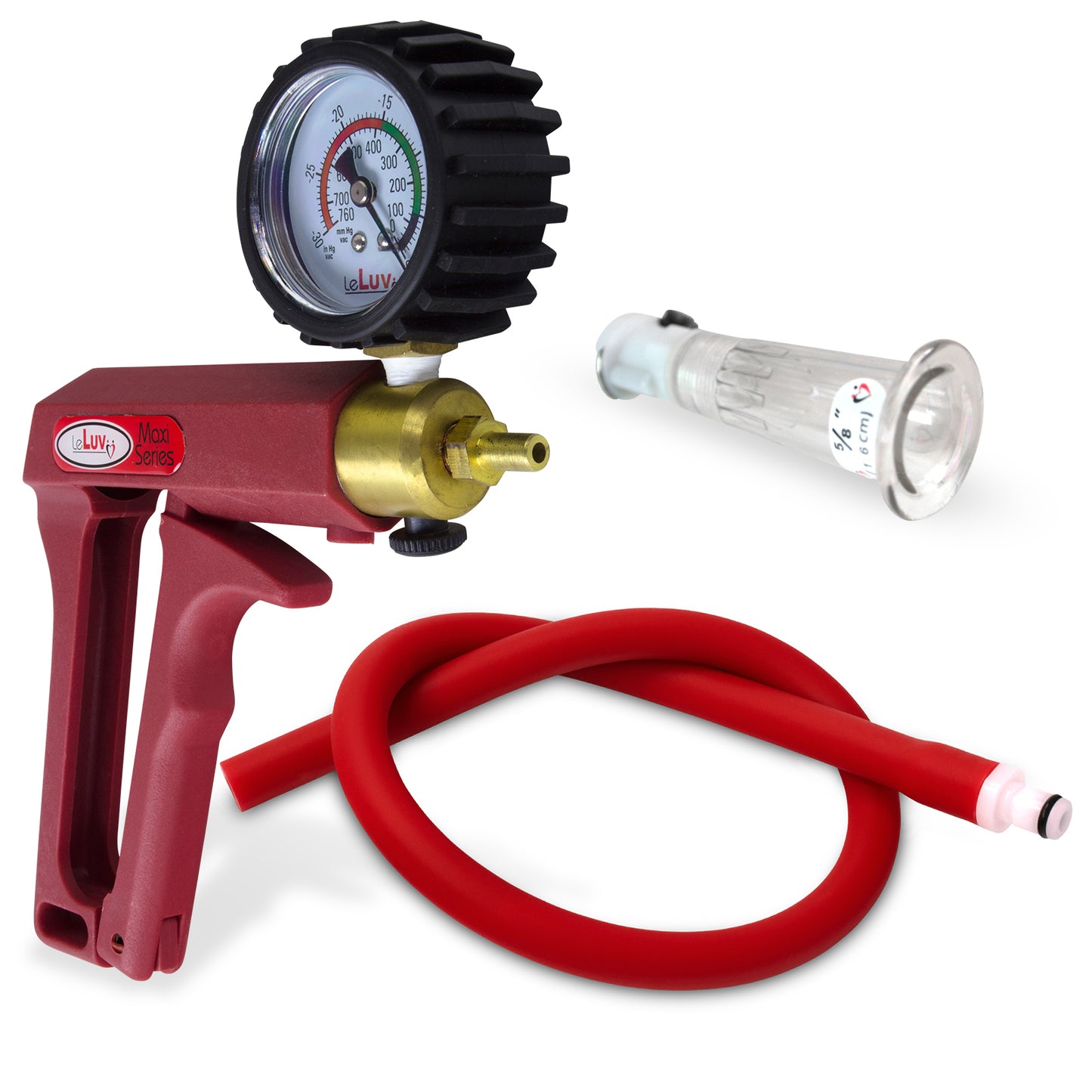 LeLuv MAXI Red Clitoris Vacuum Pump + Gauge & Cover Slippery Red Hose - Small