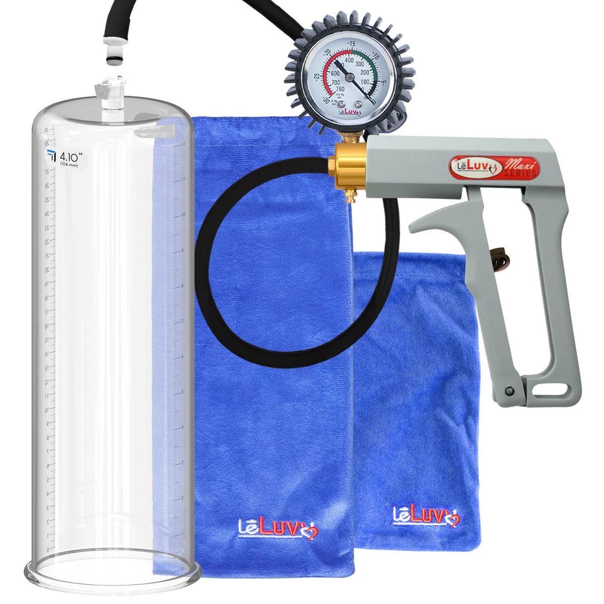 Maxi Grey Handle Silicone Hose | Penis Pump + Protected Gauge | 12" x 4.10" Cylinder
