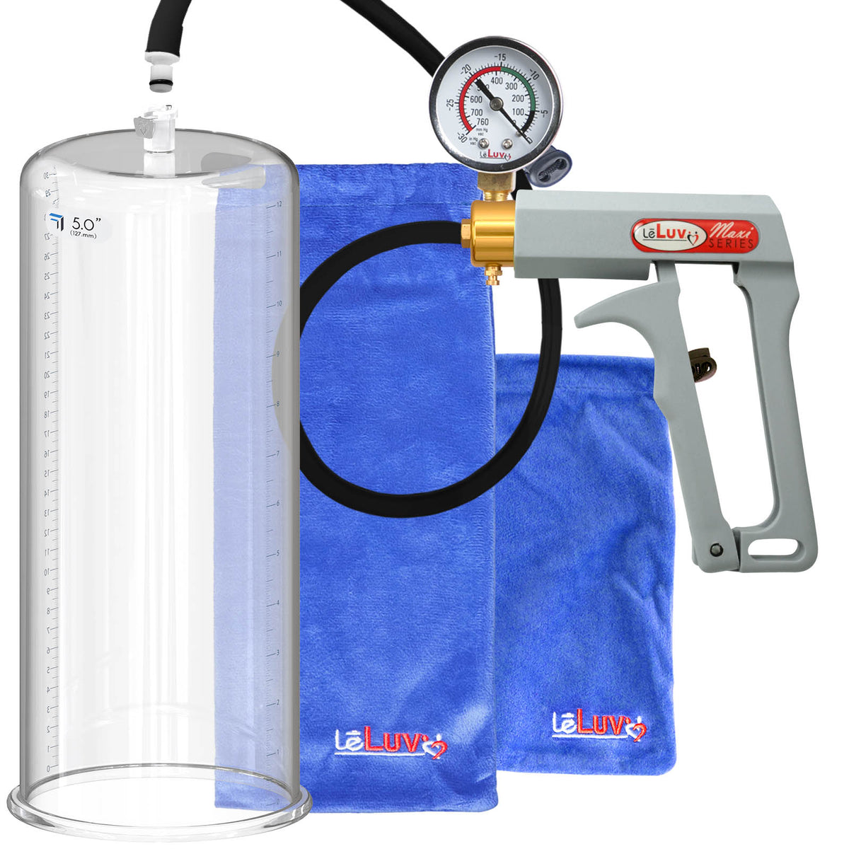 Maxi Grey Handle Silicone Hose | Penis Pump + Gauge | 12" x 5.00" Cylinder