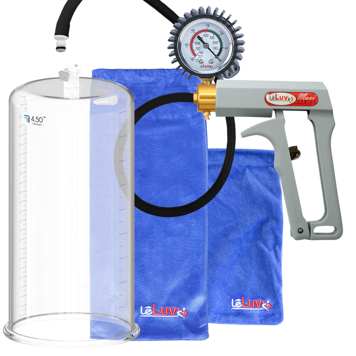 Maxi Grey Handle Silicone Hose | Penis Pump + Protected Gauge | 9" x 4.50" Cylinder