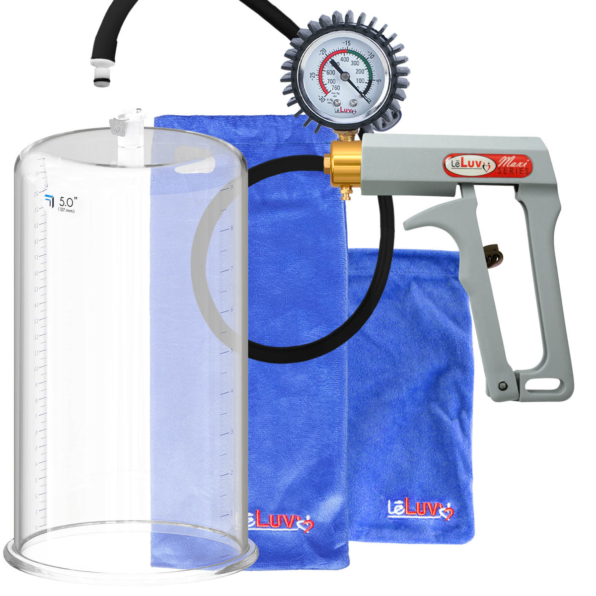 Maxi Grey Handle Silicone Hose | Penis Pump + Protected Gauge | 9" x 5.00" Cylinder