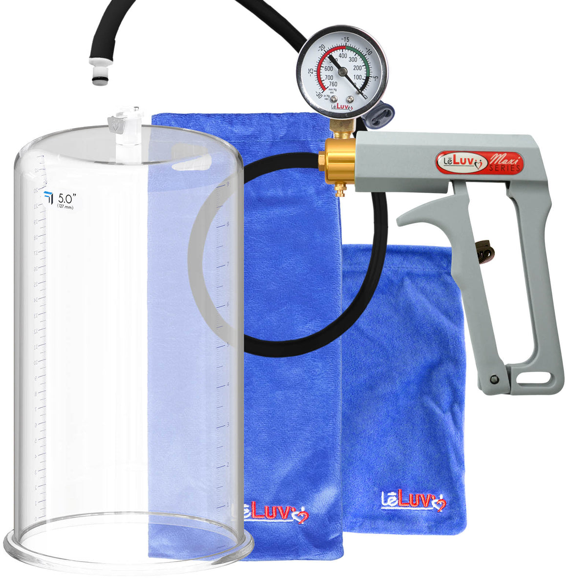 Maxi Grey Handle Silicone Hose | Penis Pump + Gauge | 9" x 5.00" Cylinder