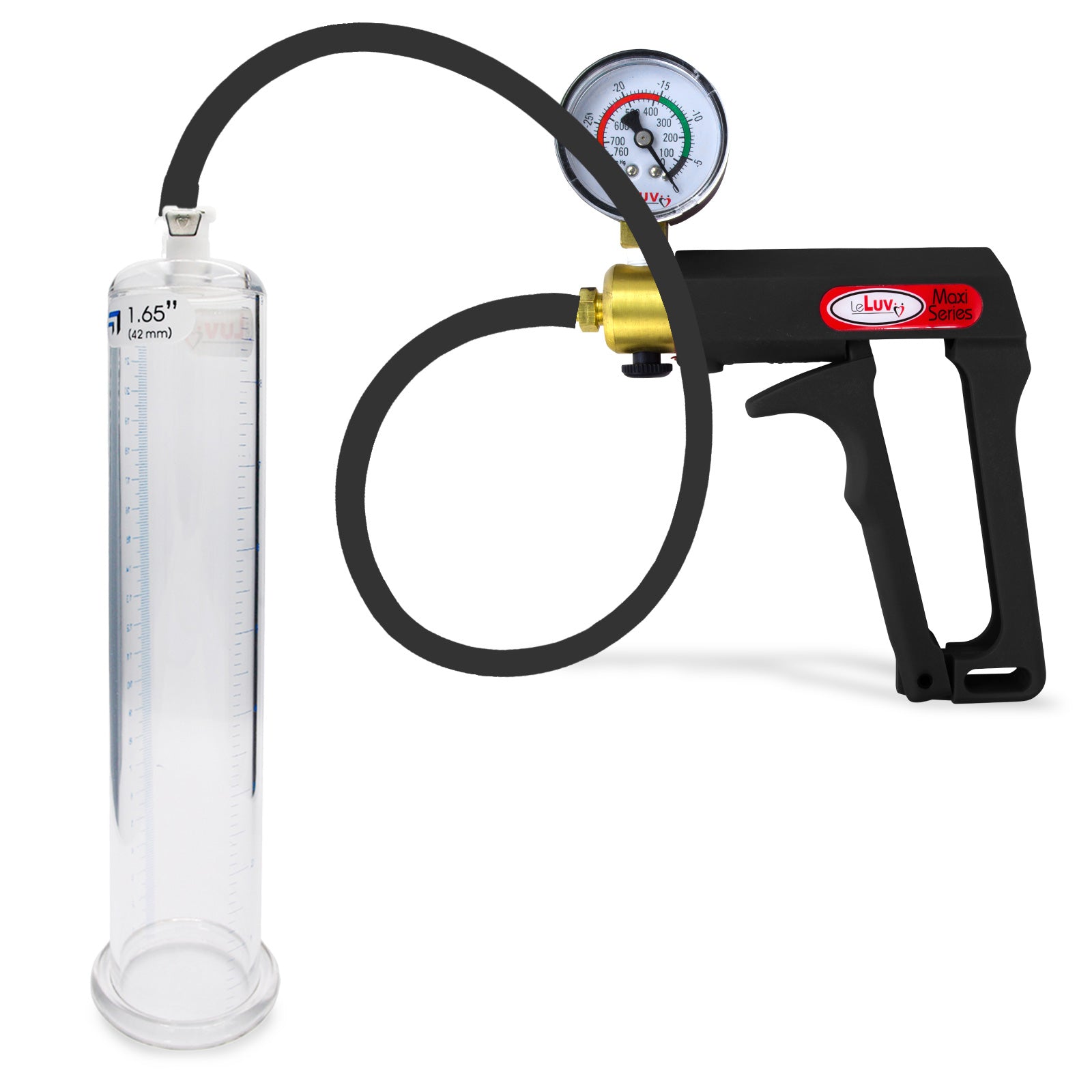 Maxi Black Handle Silicone Hose | Penis Pump + Gauge | 9" x 1.35" Cylinder