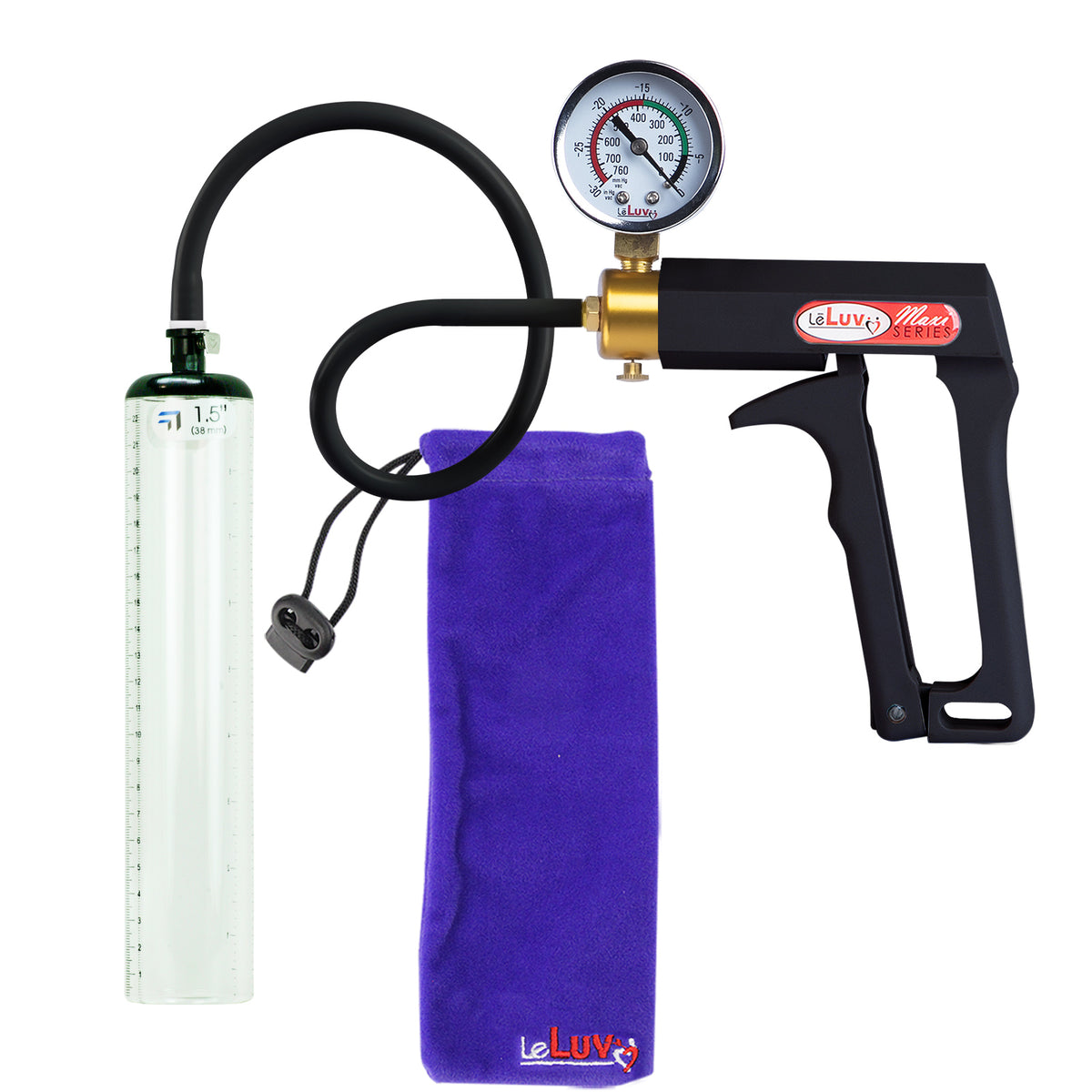 Maxi Black Handle Silicone Hose | Penis Pump + Gauge | 9" x 1.5" Thick-Walled Cylinder