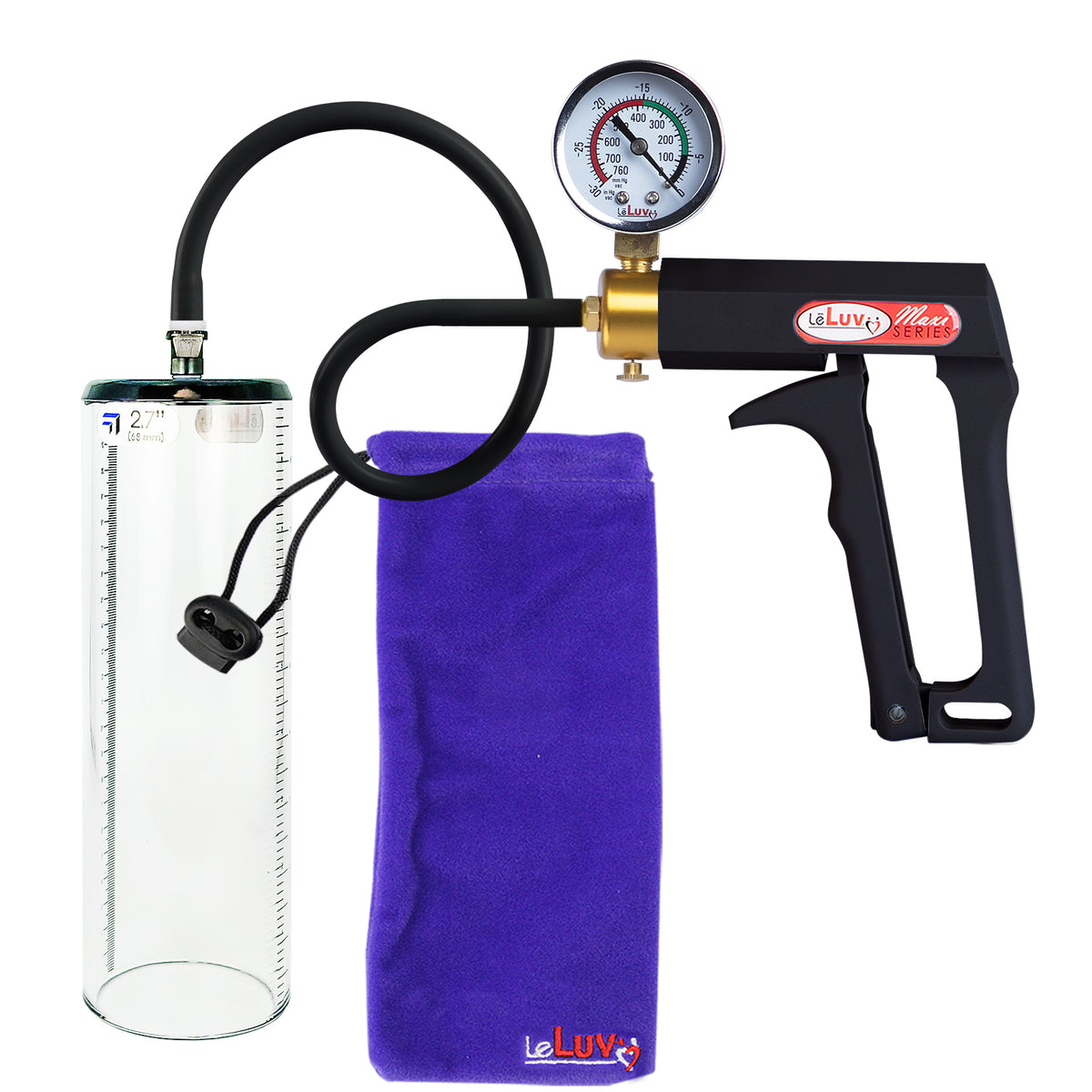Maxi Black Handle Silicone Hose | Penis Pump + Gauge | 9" x 2.7" Thick-Walled Cylinder
