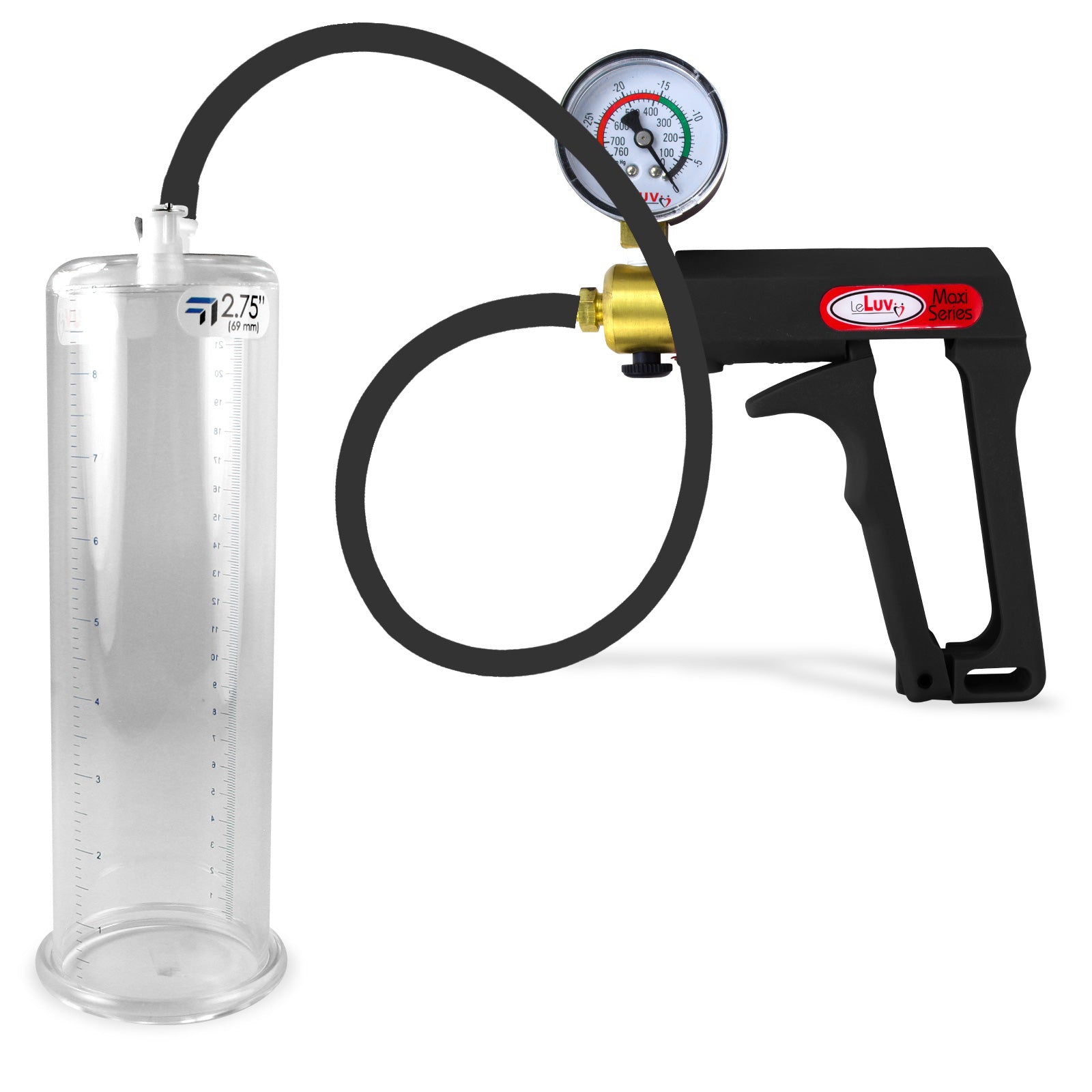 Maxi Black Handle Silicone Hose | Penis Pump + Gauge | 9" x 2.75" Cylinder