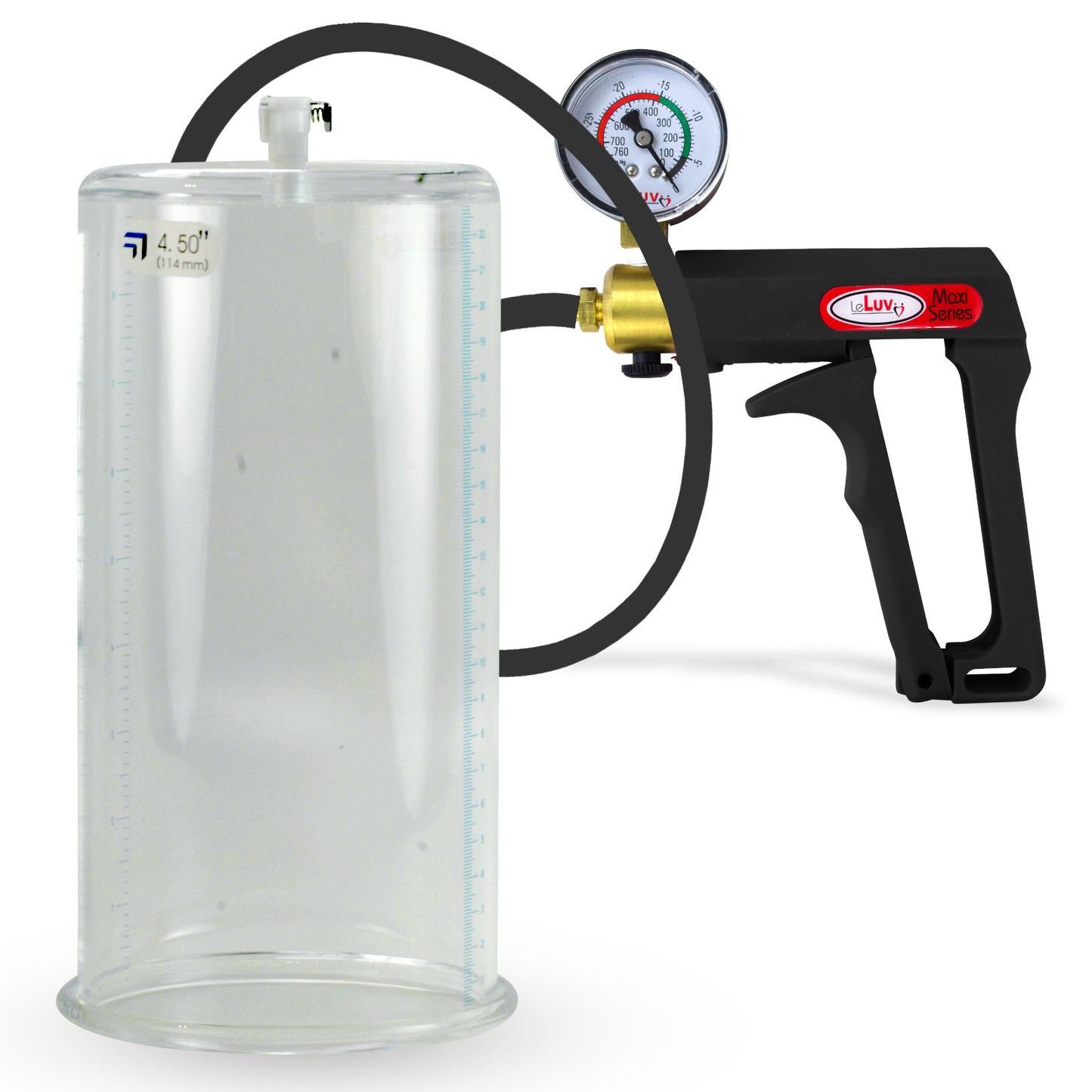 Maxi Black Handle Silicone Hose | Penis Pump + Gauge | 9" x 4.50" Cylinder
