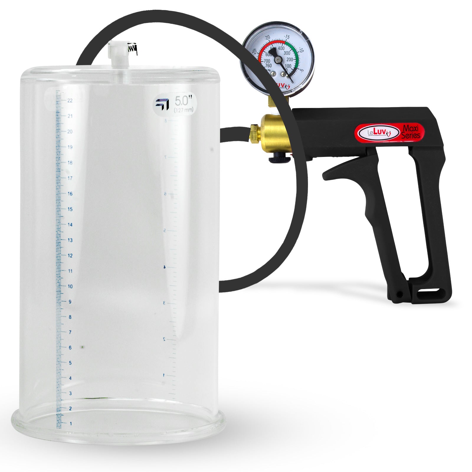 Maxi Black Handle Silicone Hose | Penis Pump + Gauge | 9" x 5.00" Cylinder