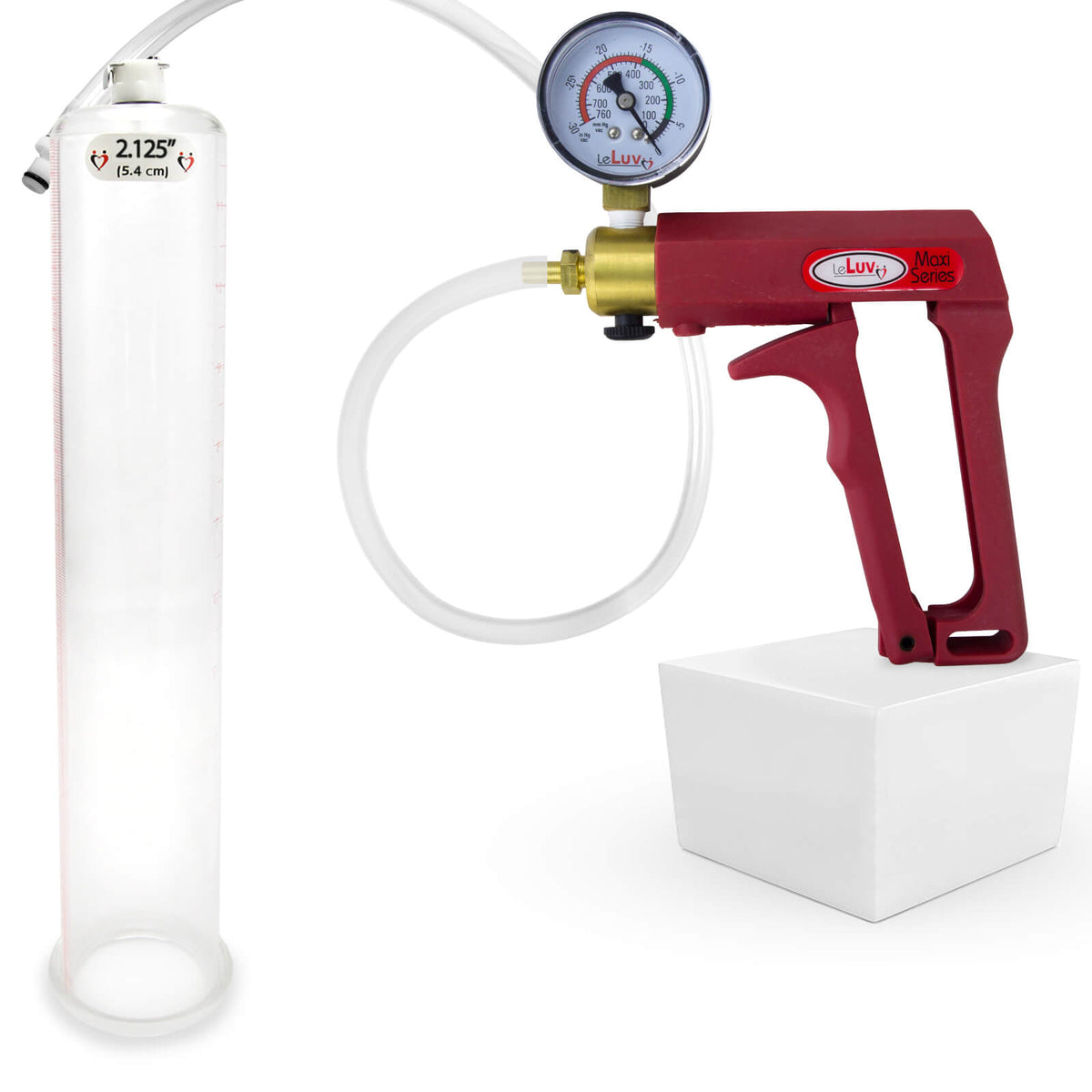 Maxi Red Handle Clear Hose | Penis Pump + Gauge | 12" x 2.125" Cylinder
