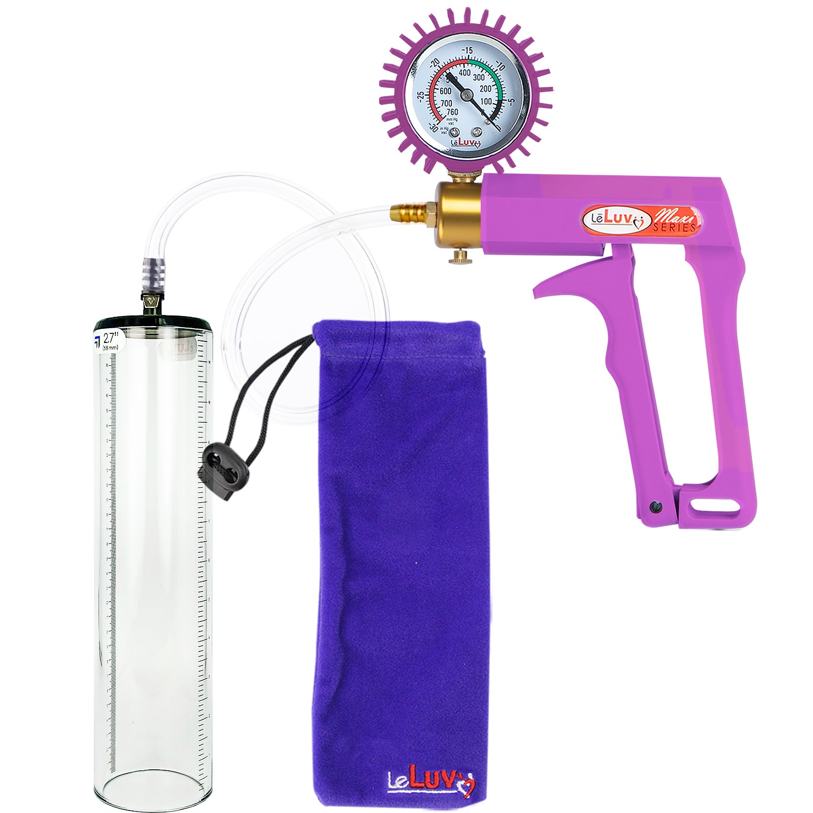 Maxi Purple Handle Clear Hose | Penis Pump + Protected Gauge | 12" x 2.7" Thick-Walled Cylinder