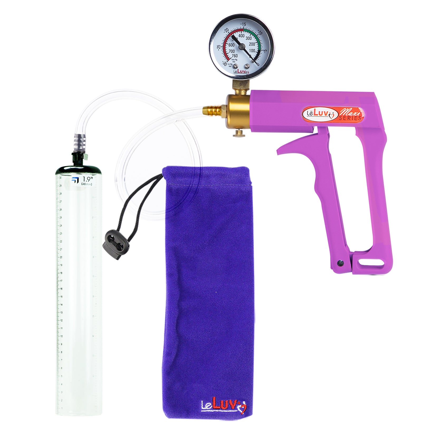 Maxi Purple Handle Clear Hose | Penis Pump + Gauge | 12" x 1.9" Thick-Walled Cylinder