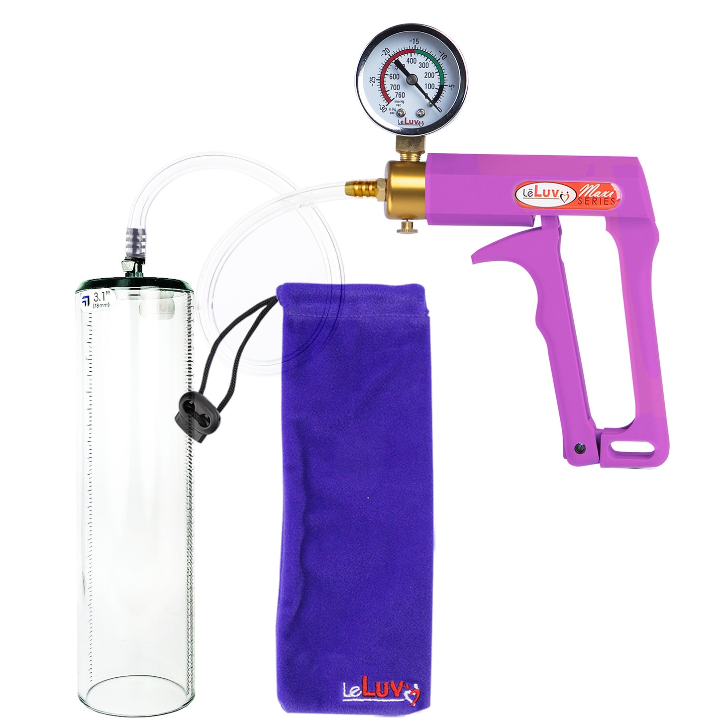 Maxi Purple Handle Clear Hose | Penis Pump + Gauge | 12" x 3.1" Thick-Walled Cylinder