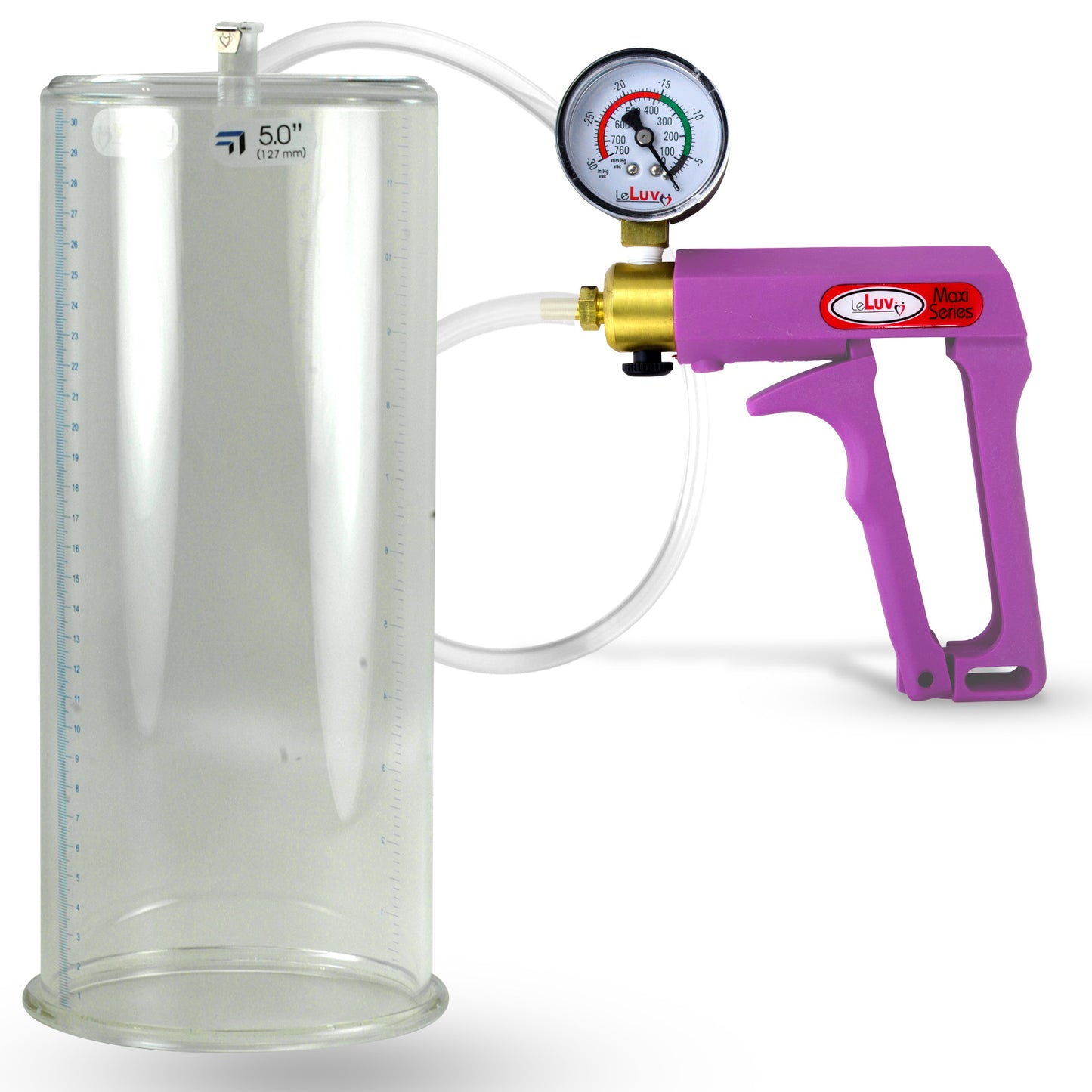 Maxi Purple Handle Clear Hose | Penis Pump + Gauge | 12" x 5.00" Cylinder