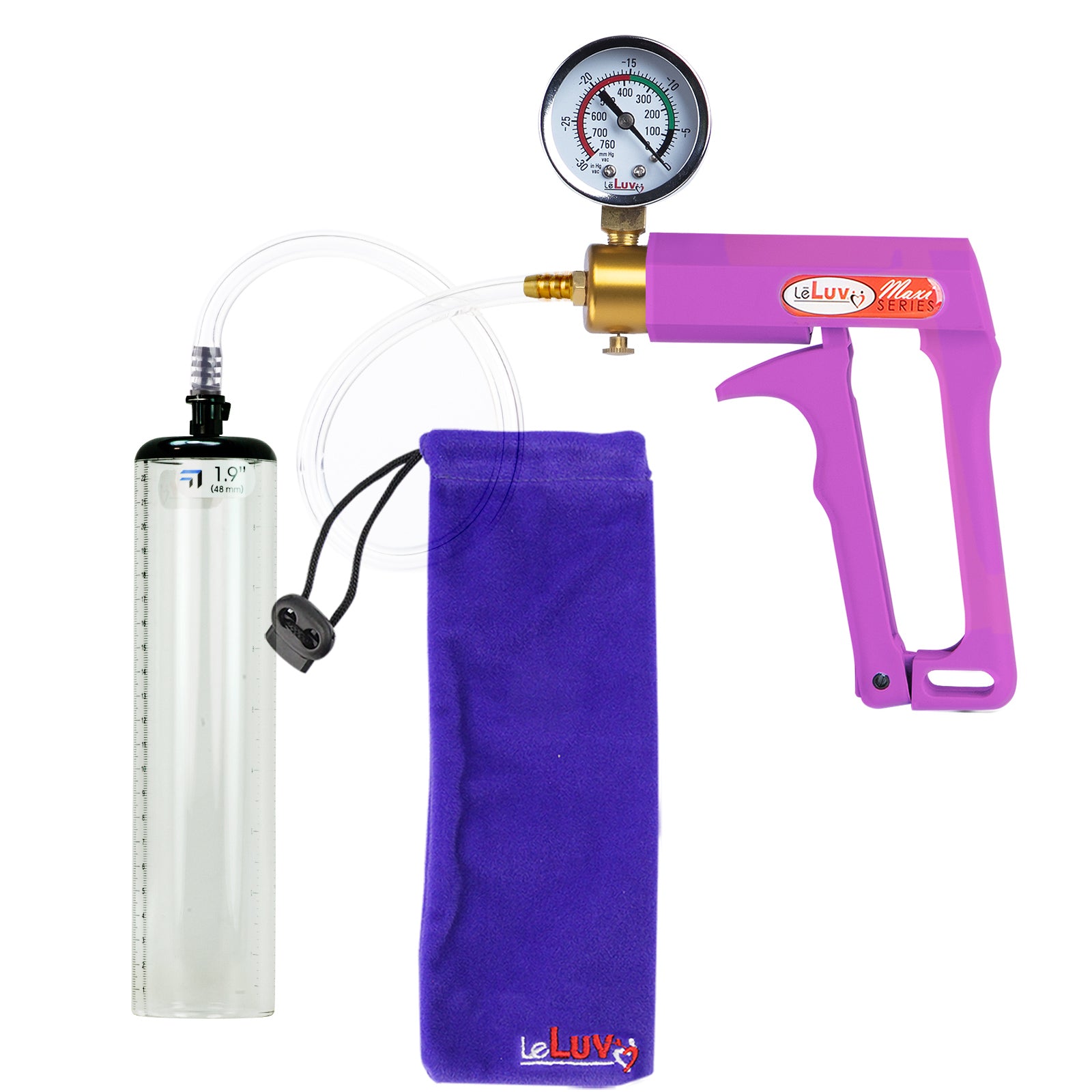 Maxi Purple Handle Clear Hose | Penis Pump + Gauge | 9" x 1.9" Thick-Walled Cylinder