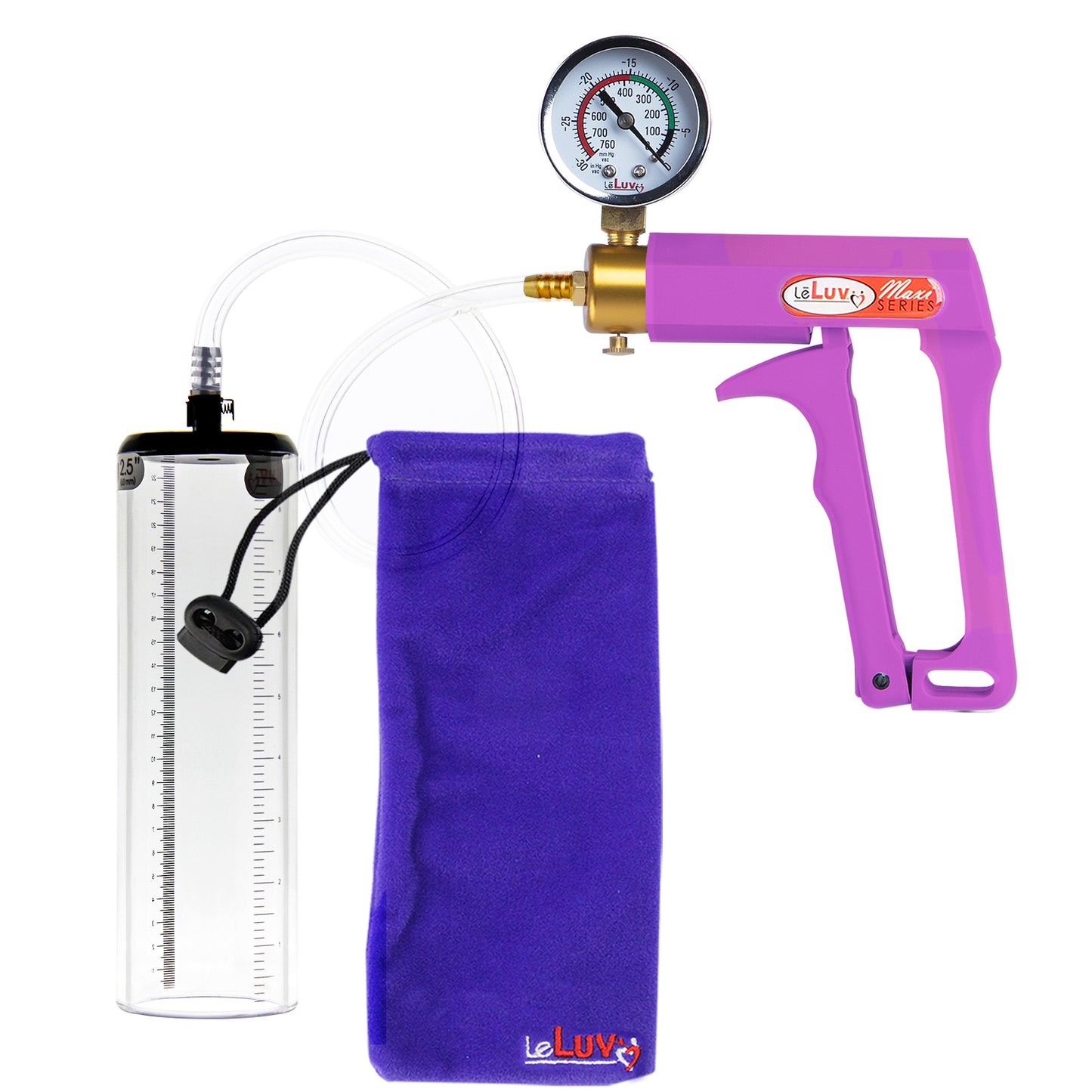 Maxi Purple Handle Clear Hose | Penis Pump + Gauge | 9" x 2.5" Thick-Walled Cylinder