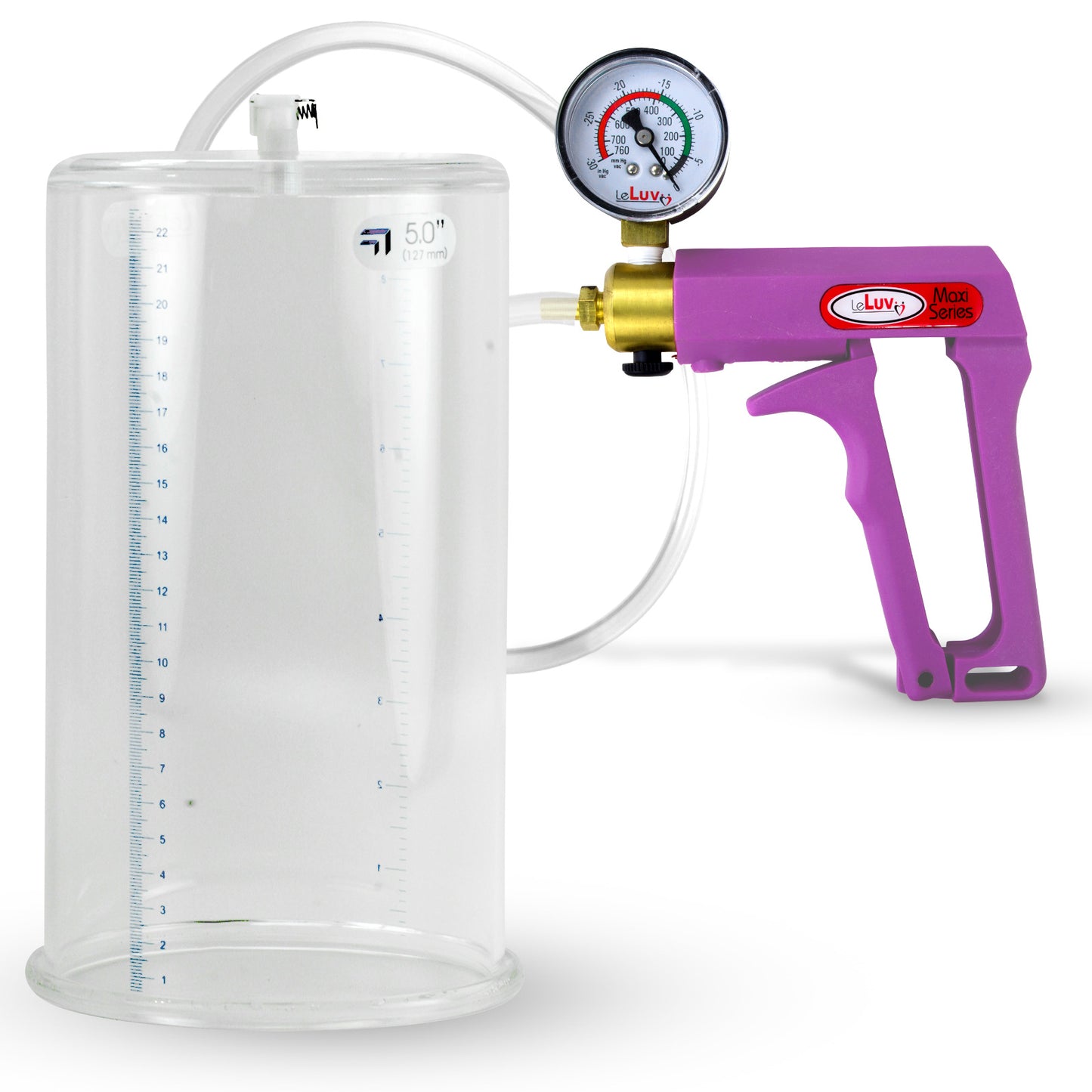 Maxi Purple Handle Clear Hose | Penis Pump + Gauge | 9" x 5.00" Cylinder