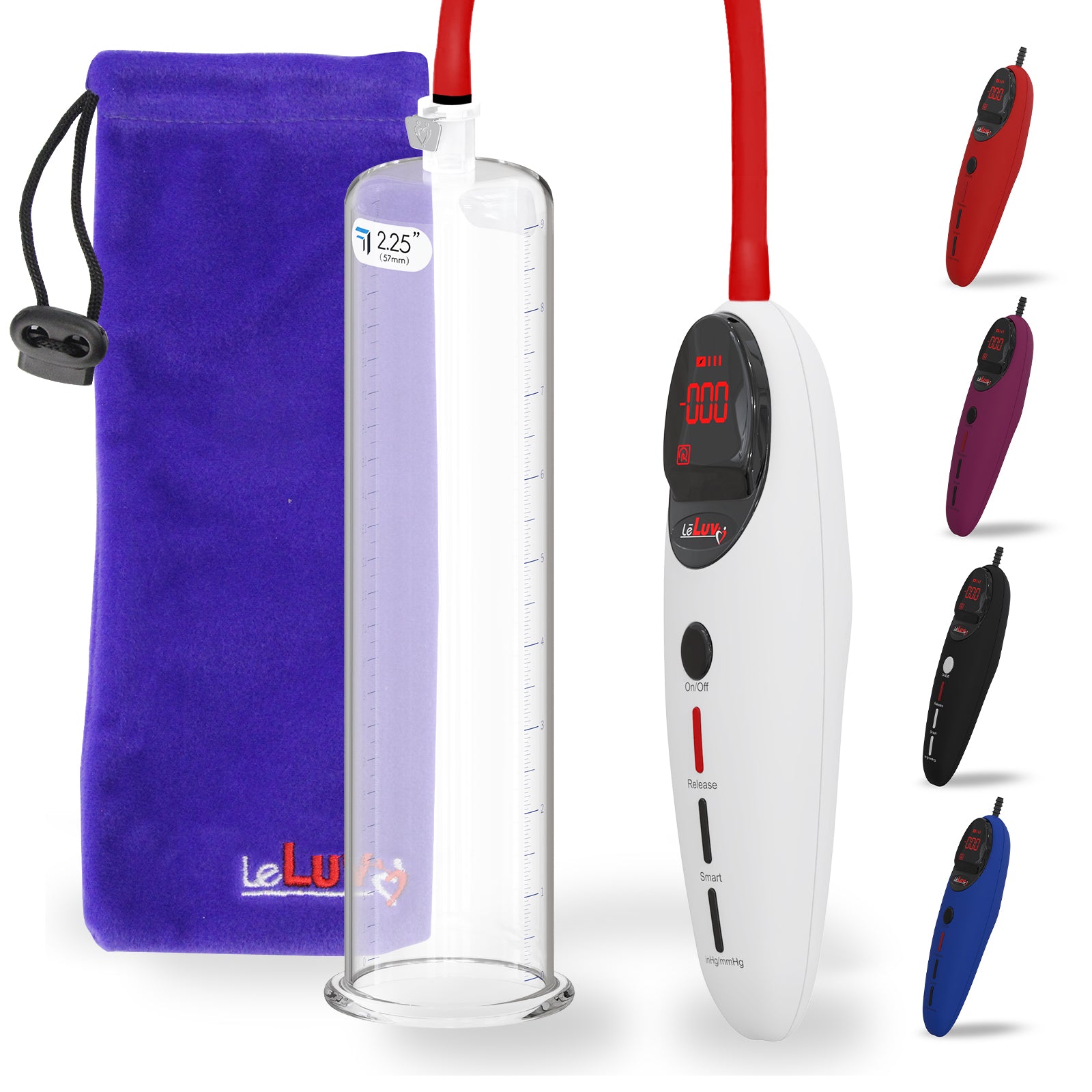LeLuv rechargeable penis pump with remote control color options.