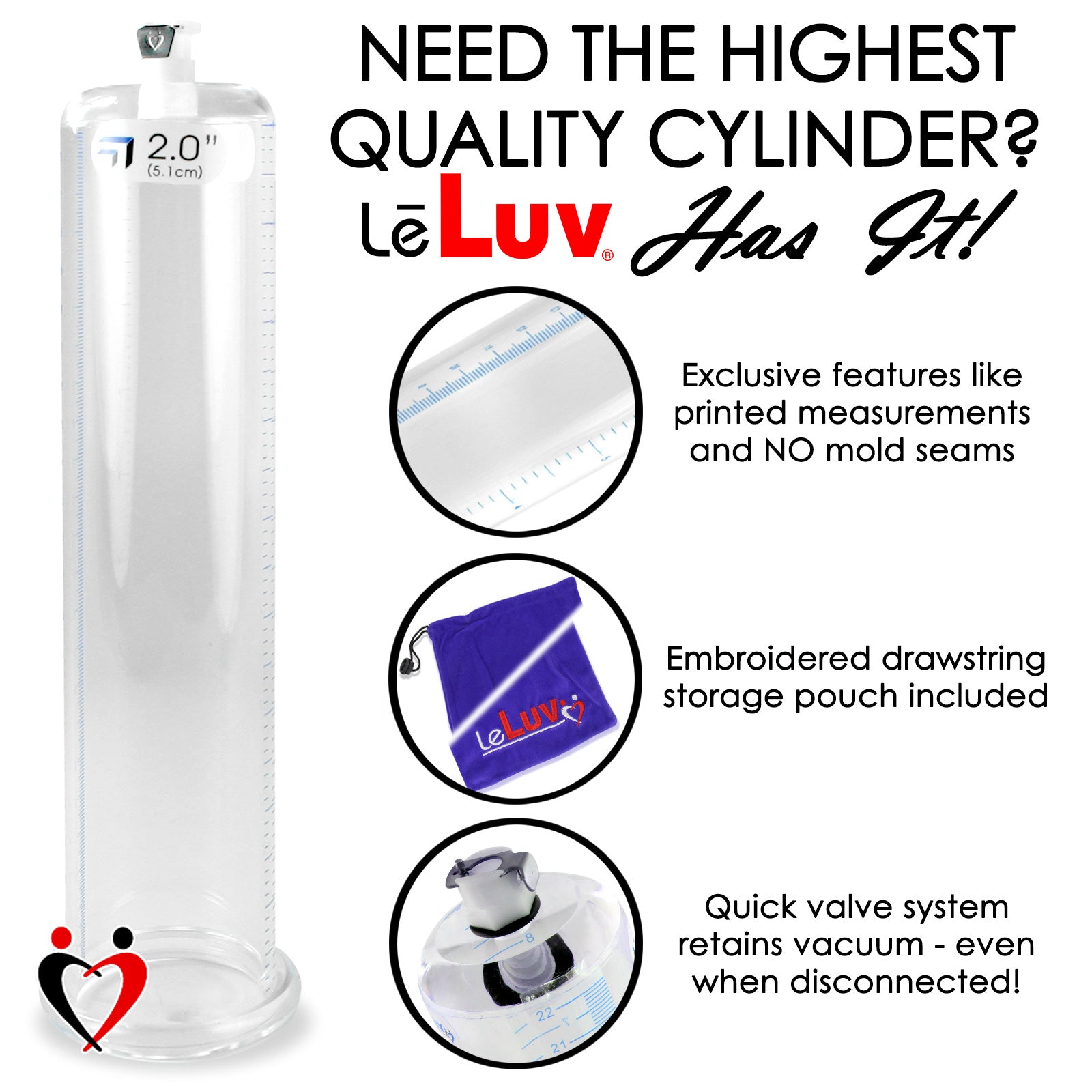 LeLuv Primo Lite Penis Pump -  Vacuum and Inflator Handle - Round Flange Cylinder Options