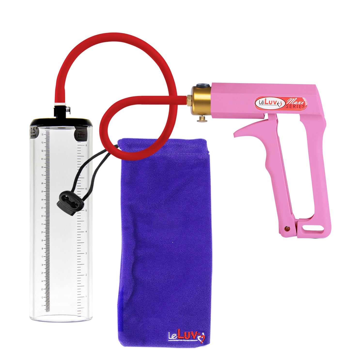 LeLuv Maxi Premium Penis Pump - Pink Handle, Red Silicone Hose - Thick-Walled Cylinder