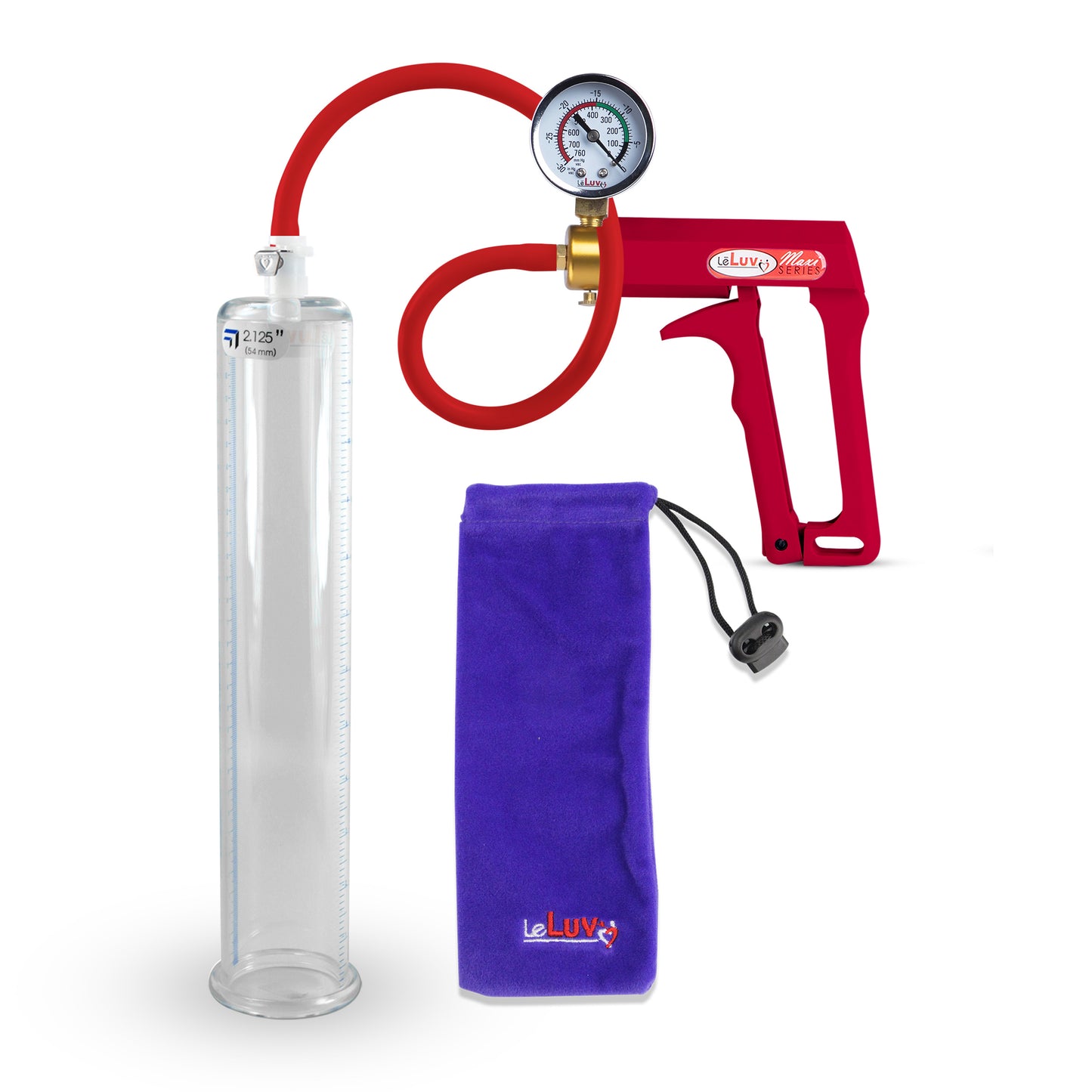 Maxi Penis 12" Length Penis Pump Premium Red Hose + Gauge - 2.125" Dia. with