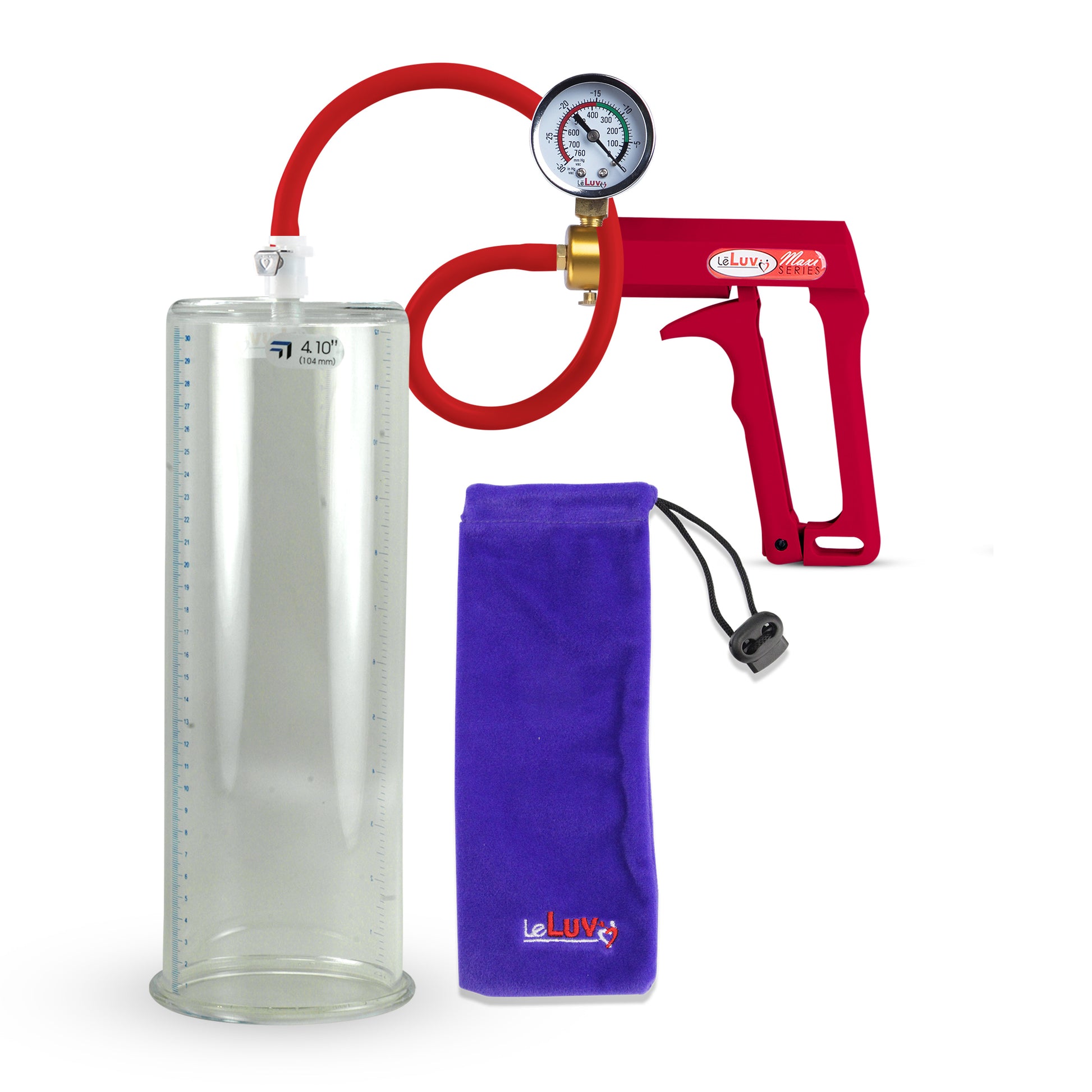 Maxi Red Handle Silicone Hose | Penis Pump + Gauge | 12" x 4.10" Cylinder