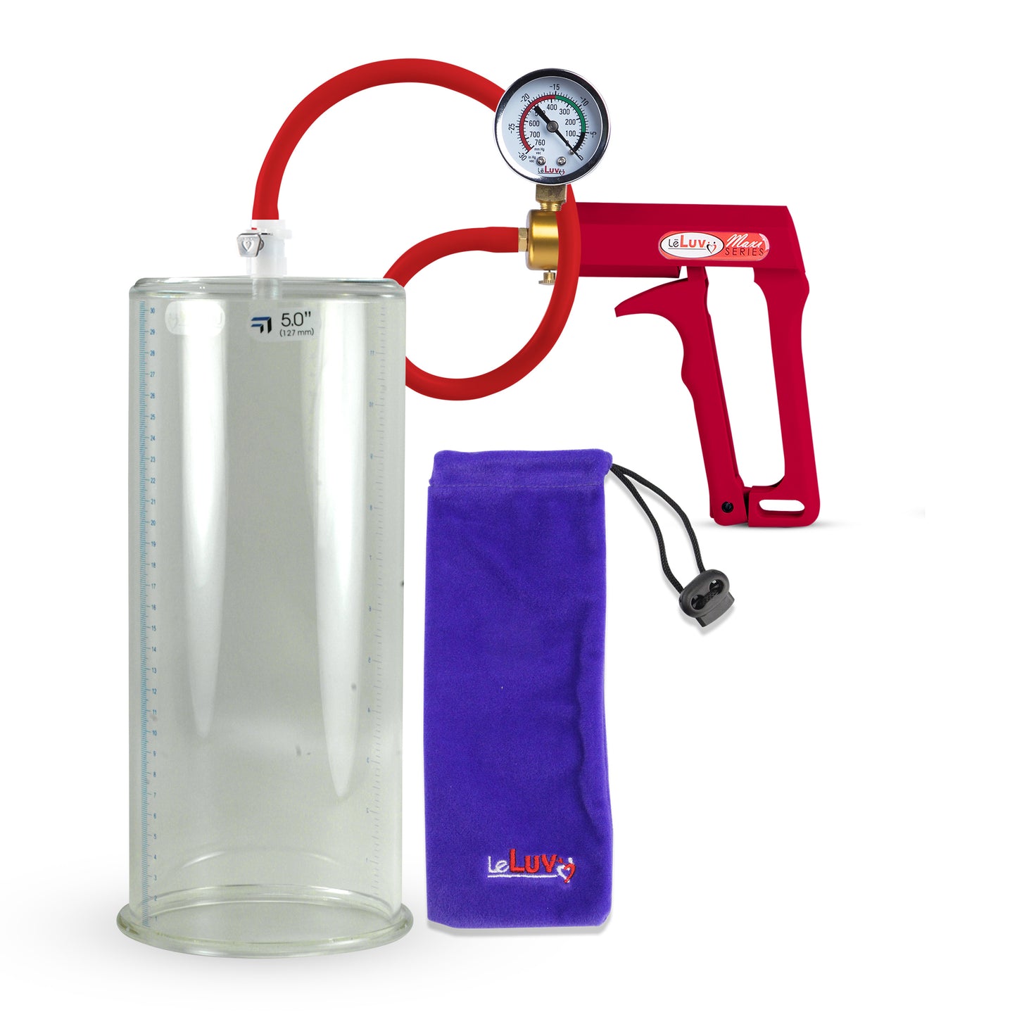 Maxi Red Handle Silicone Hose | Penis Pump + Gauge | 12" x 5.00" Cylinder
