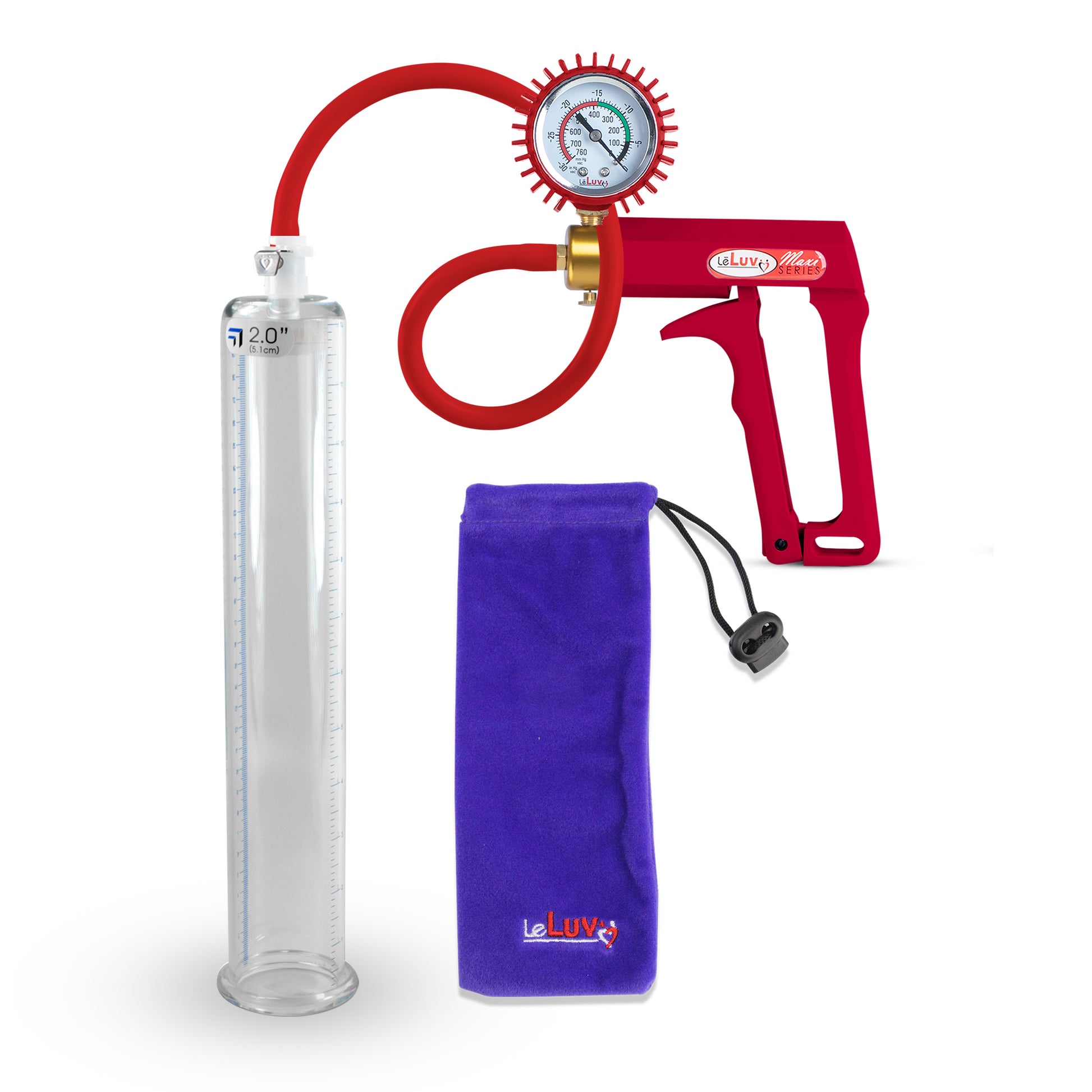 Maxi 12" Penis Pump Premium Red Hose + Gauge & Cover - 2.00" Diameter