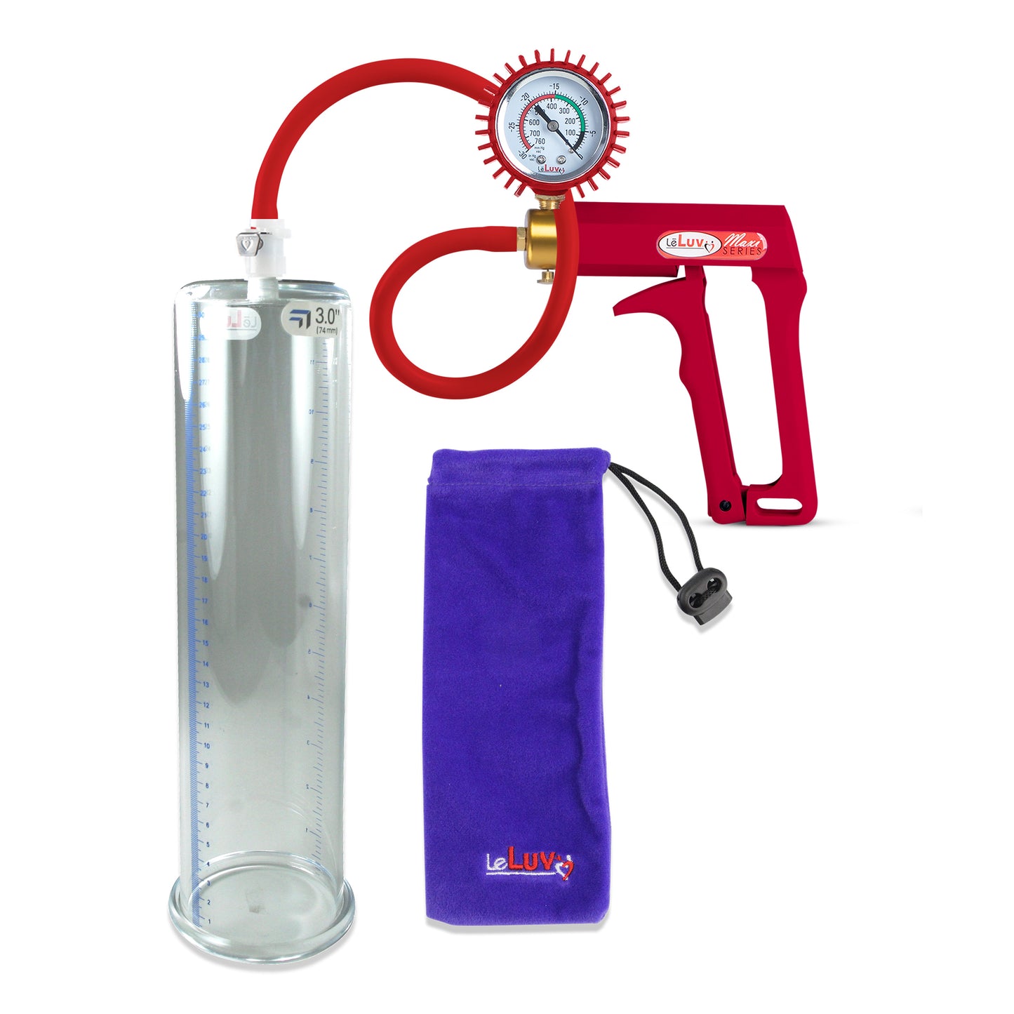 MAXI Penis Pump Premium Red Hose w/ Gauge & Cover with 12" x 3.0"