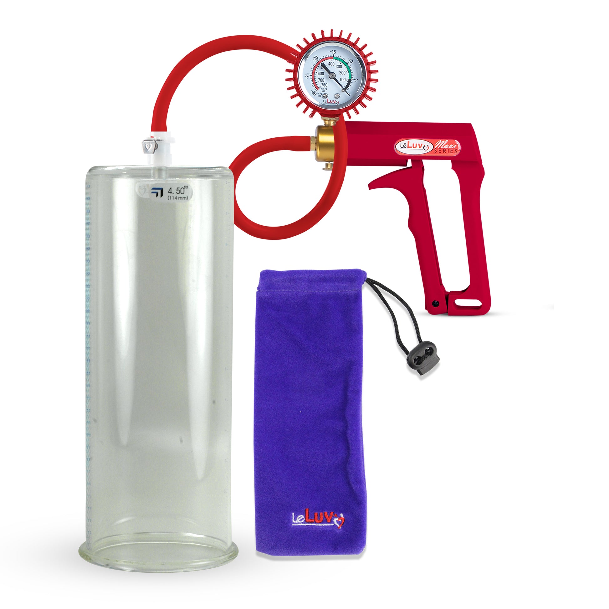 Maxi Red Handle Silicone Hose | Penis Pump + Protected Gauge | 12" x 4.50" Cylinder