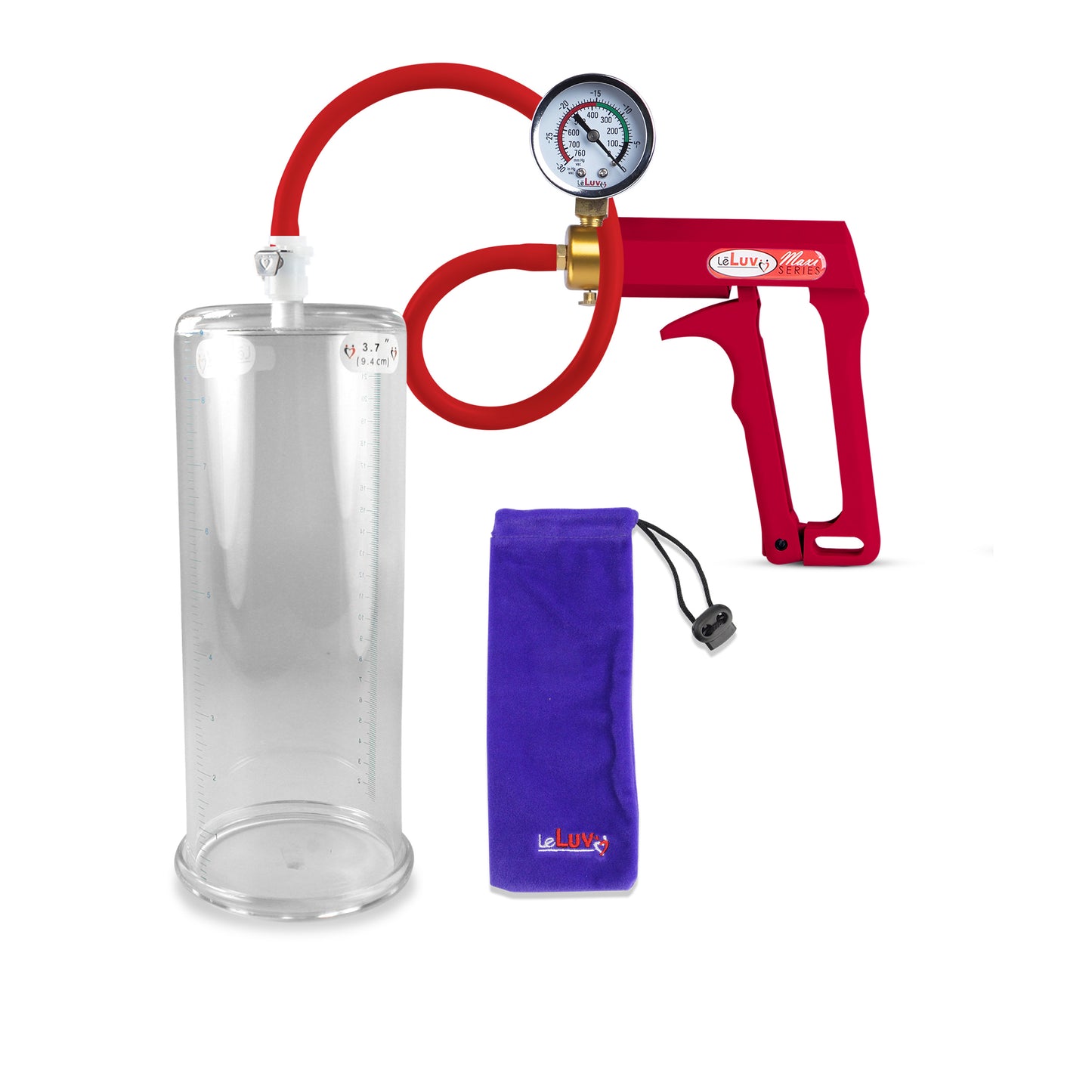Maxi + Gauge 9" Length Penis Pump Premium Red Hose with - 3.70" Diameter