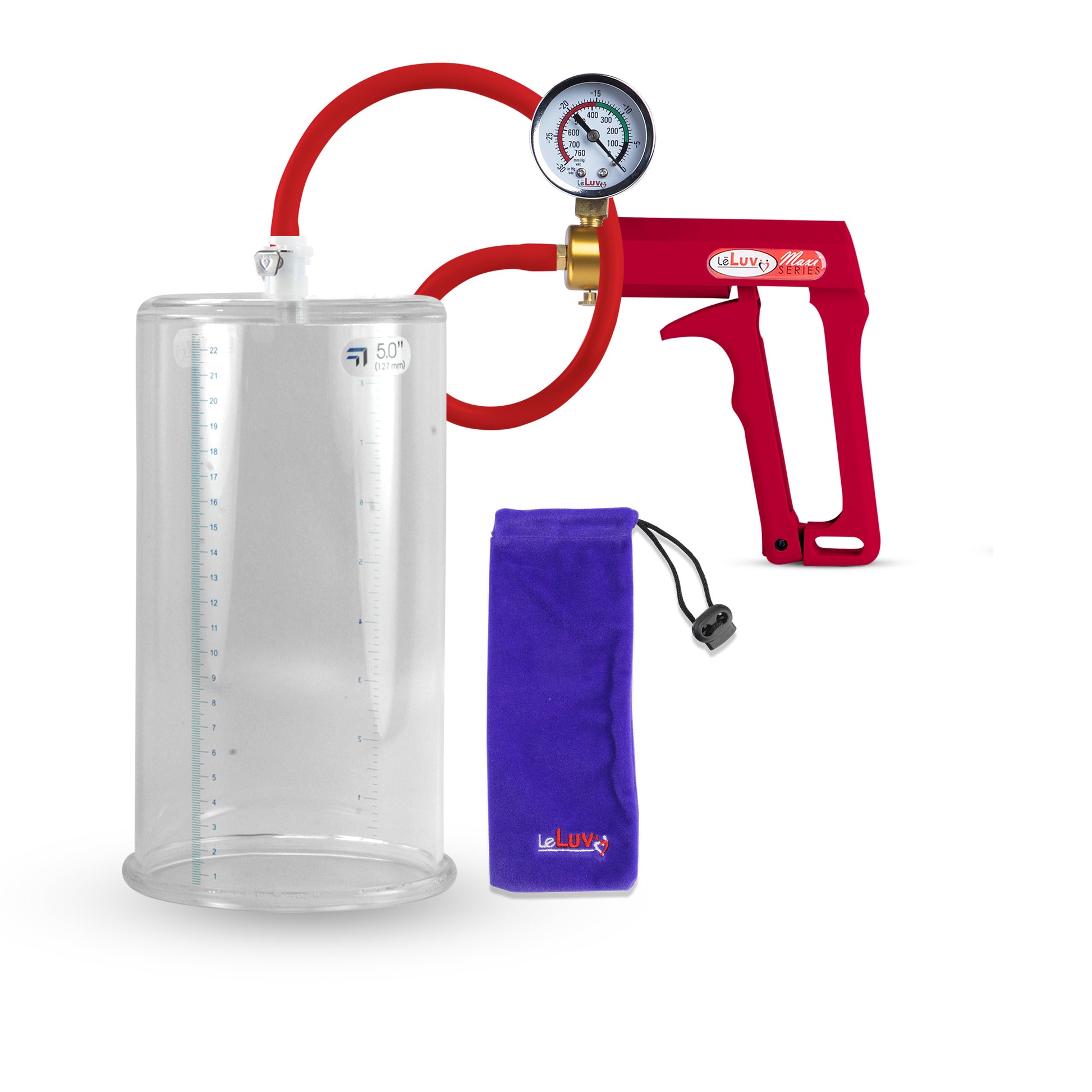 Maxi Red Handle Silicone Hose | Penis Pump + Gauge | 9" x 5.00" Cylinder