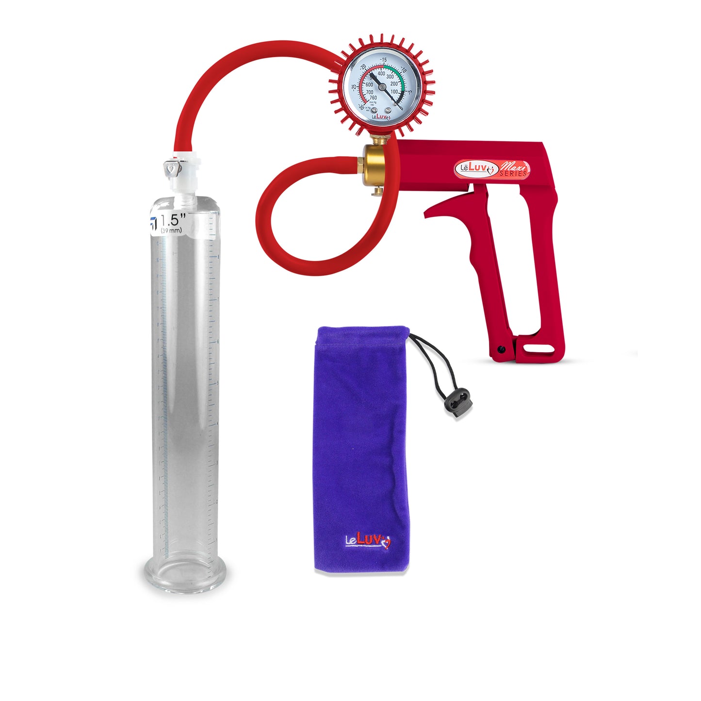 Maxi 9" Penis Pump Premium Red Hose + Gauge & Cover - 1.50" Diameter