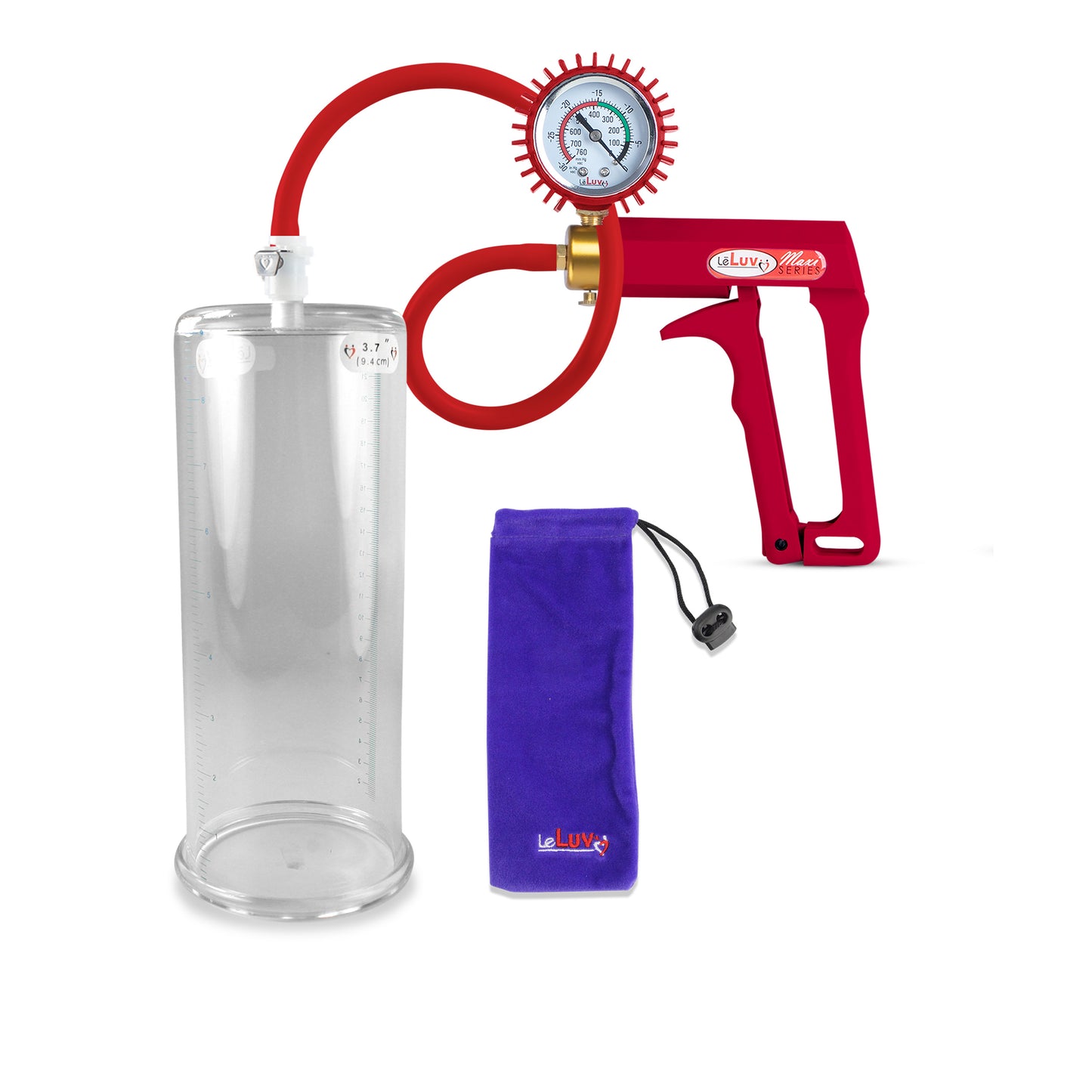 Maxi 9" Penis Pump Premium Red Hose + Gauge & Cover - 3.70" Diameter