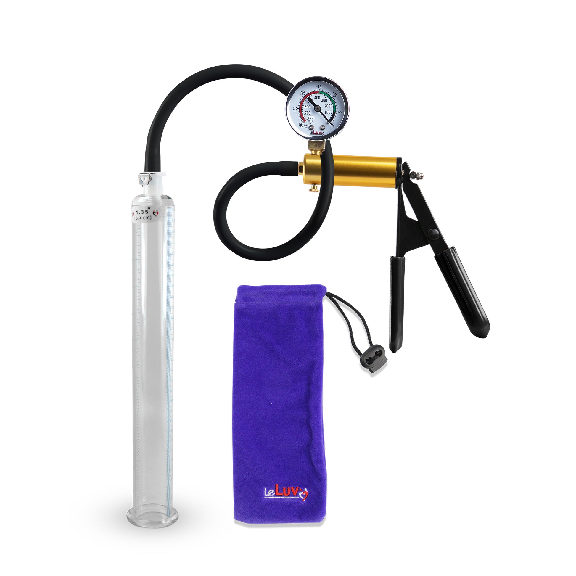 Ultima Brass Black Rubber Grip Silicone Hose | Penis Pump + Gauge | 12" x 1.35" Cylinder