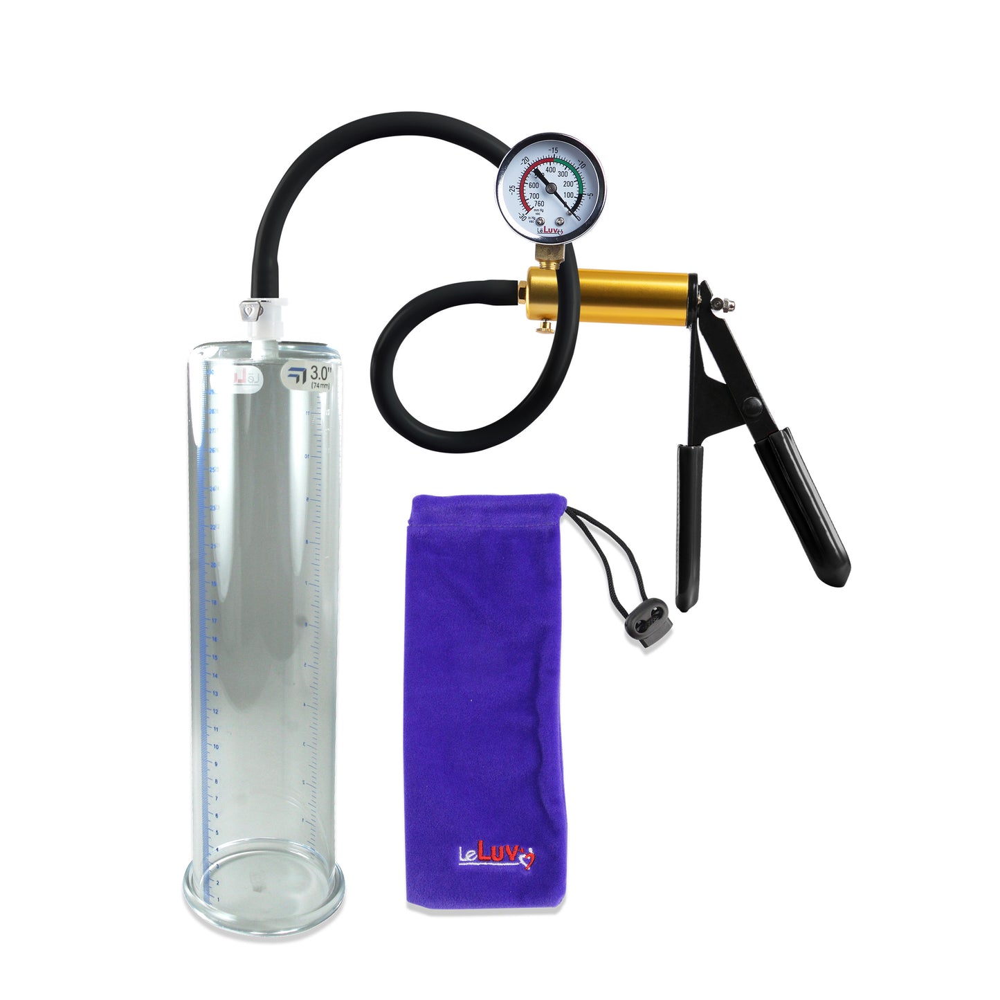 Ultima Brass Black Rubber Grip Silicone Hose | Penis Pump + Gauge | 12" x 3.00" Cylinder