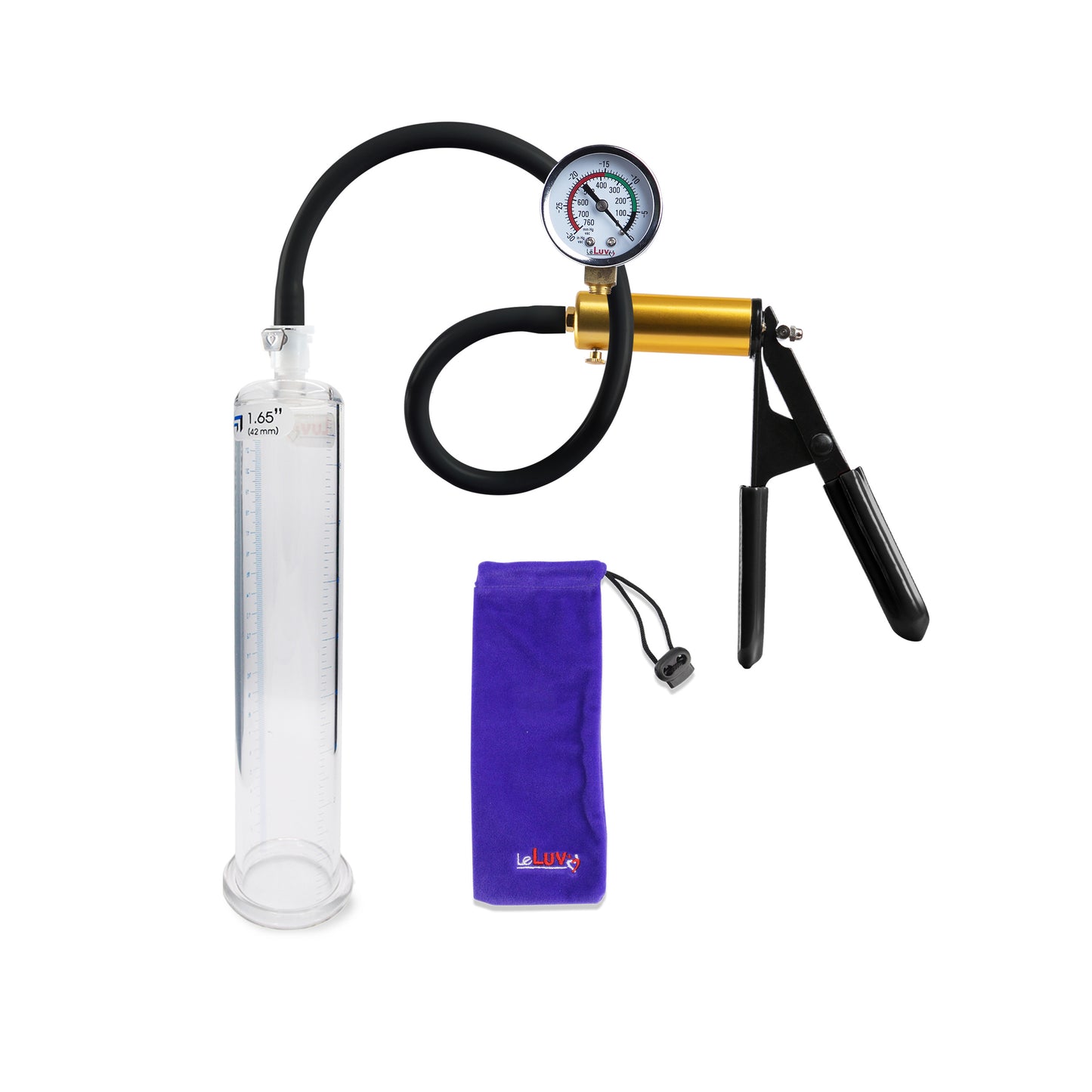 Ultima Brass Black Rubber Grip Silicone Hose | Penis Pump + Gauge | 9" x 1.65" Cylinder Diameter