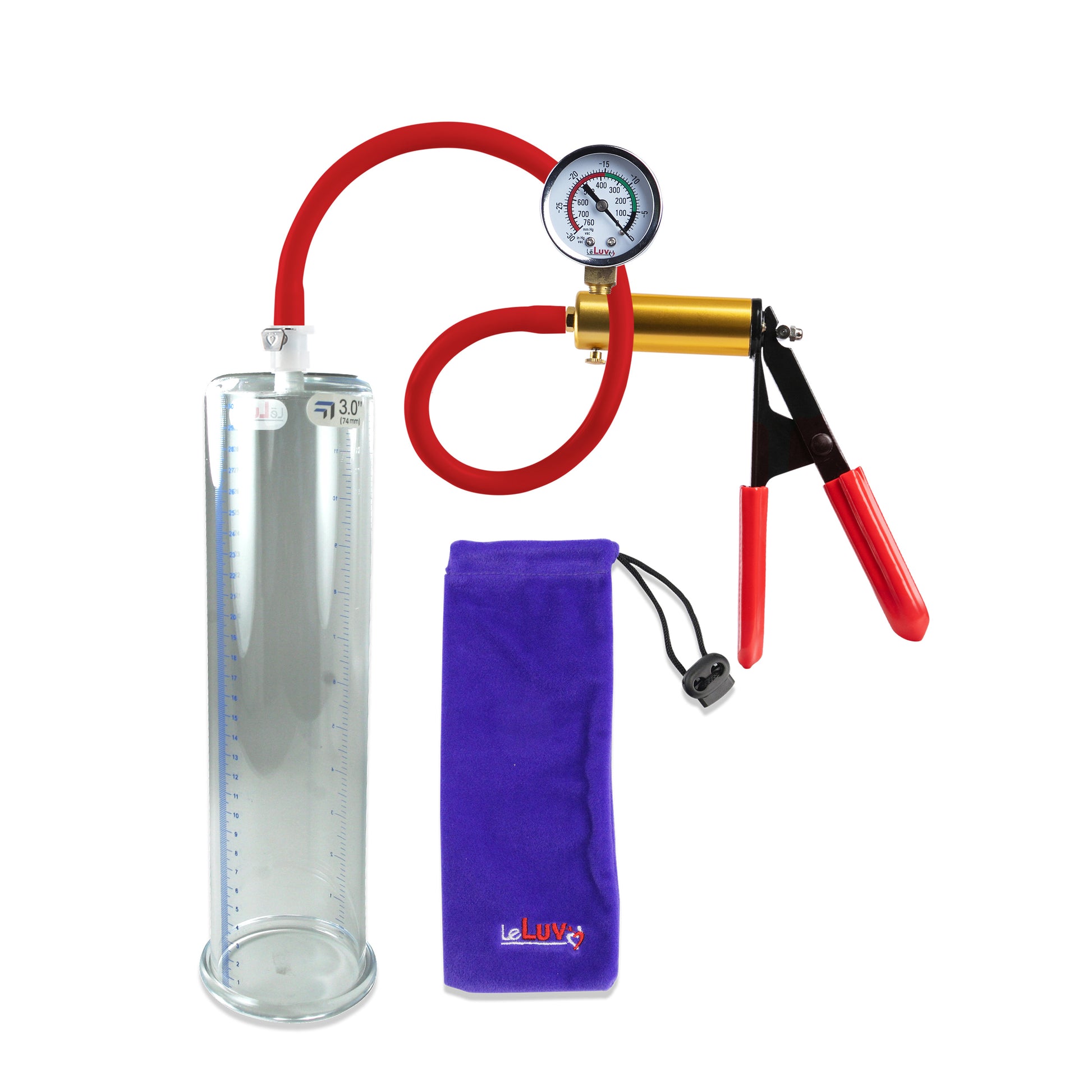 Ultima Red Rubber Grip, Silicone Hose | Penis Pump + Gauge | 12" x 3.00" Cylinder