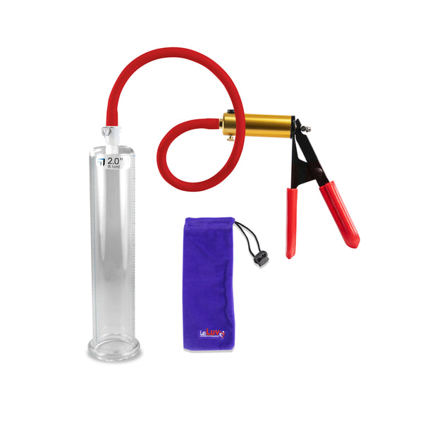 LeLuv® Brass Ultima Penis Pump - Red Rubber Grip, Silicone Hose with Round Flange Cylinder - Choose Length & Diameter