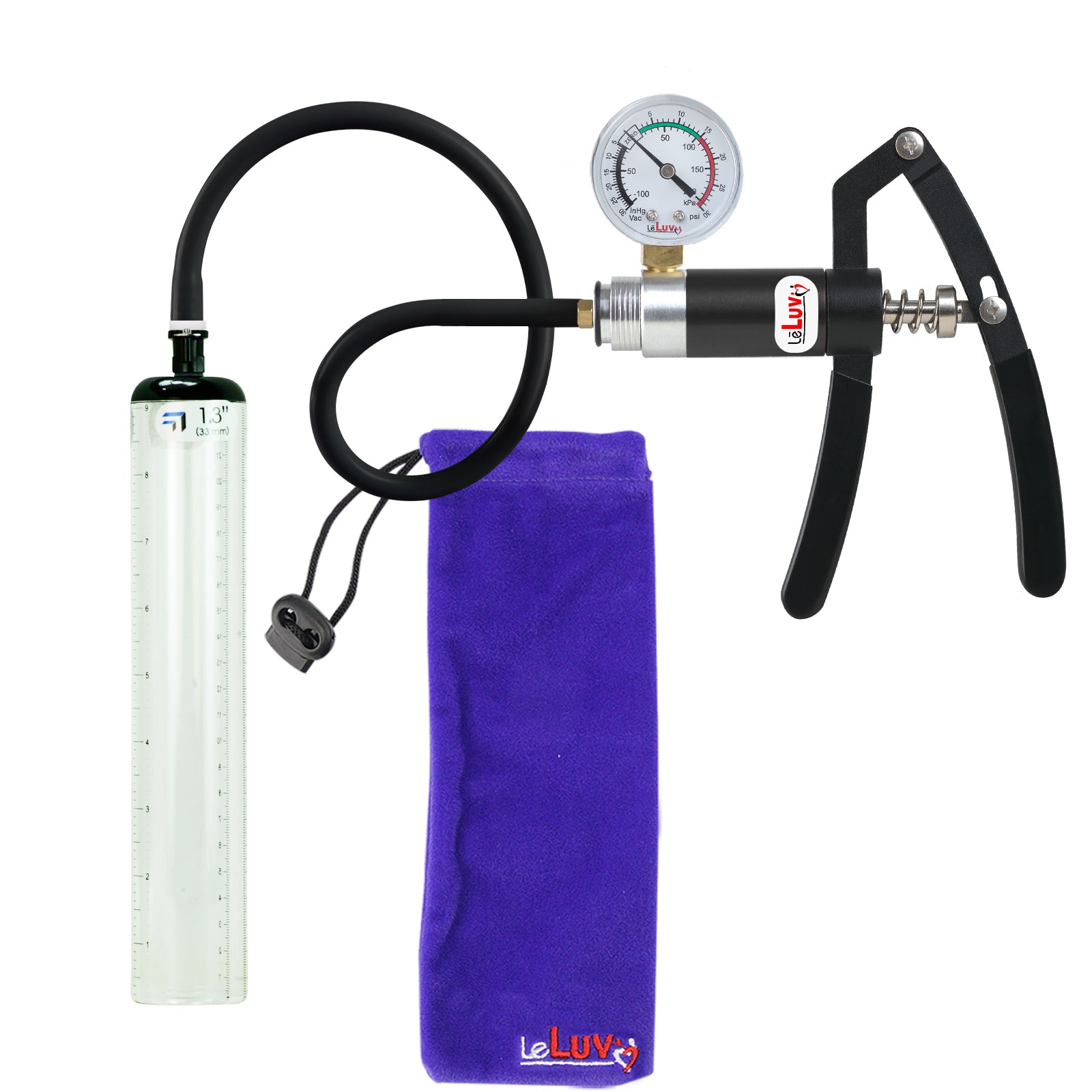 PRIMO Lite Penis Pump | Black Handle + Gauge, Silicone Hose | 9" x 1.3" Thick-Walled Penis Cylinder